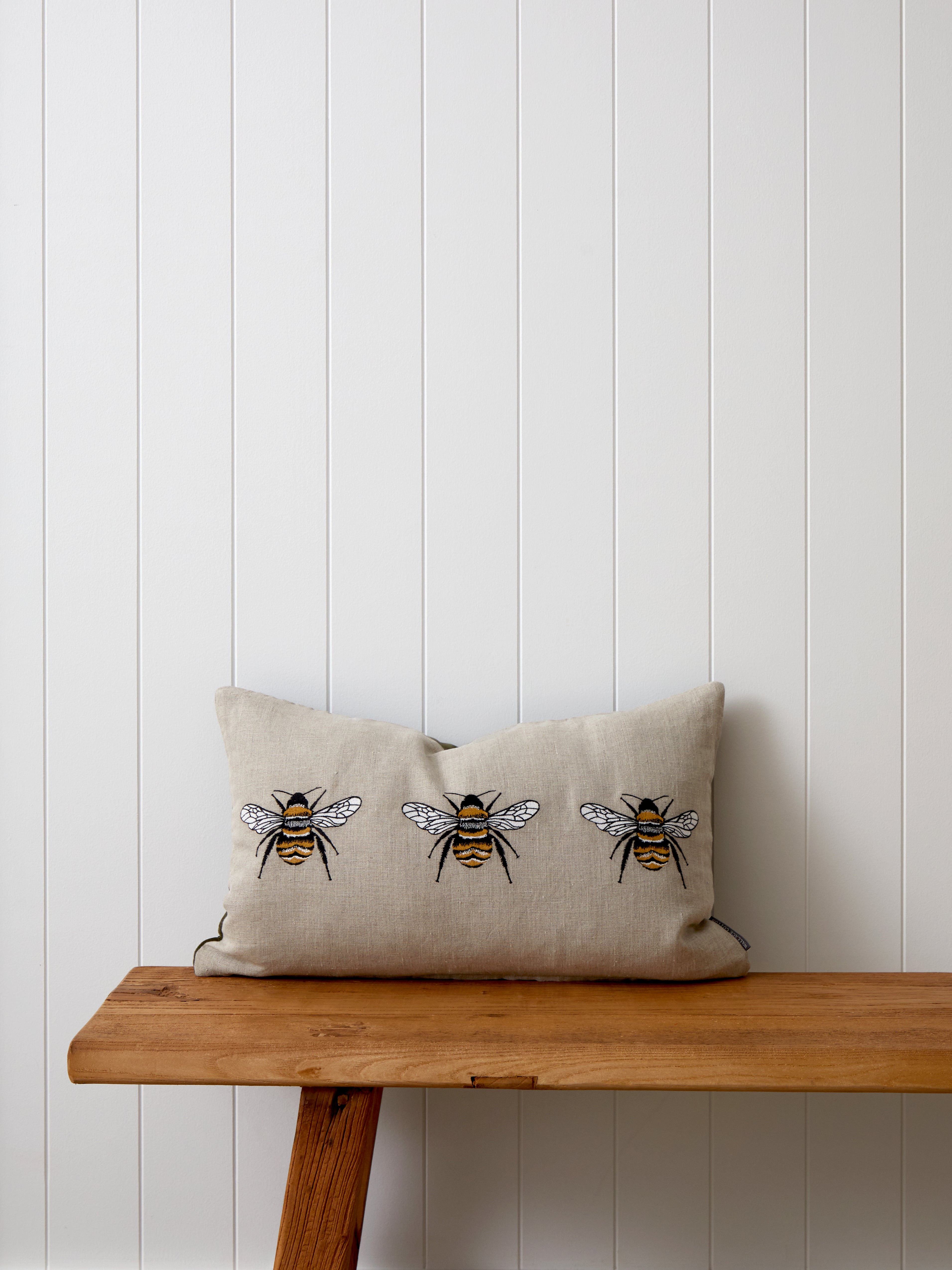 Bee Trio Embroidered Rectangle Cushion Cover | Olive Natural-1