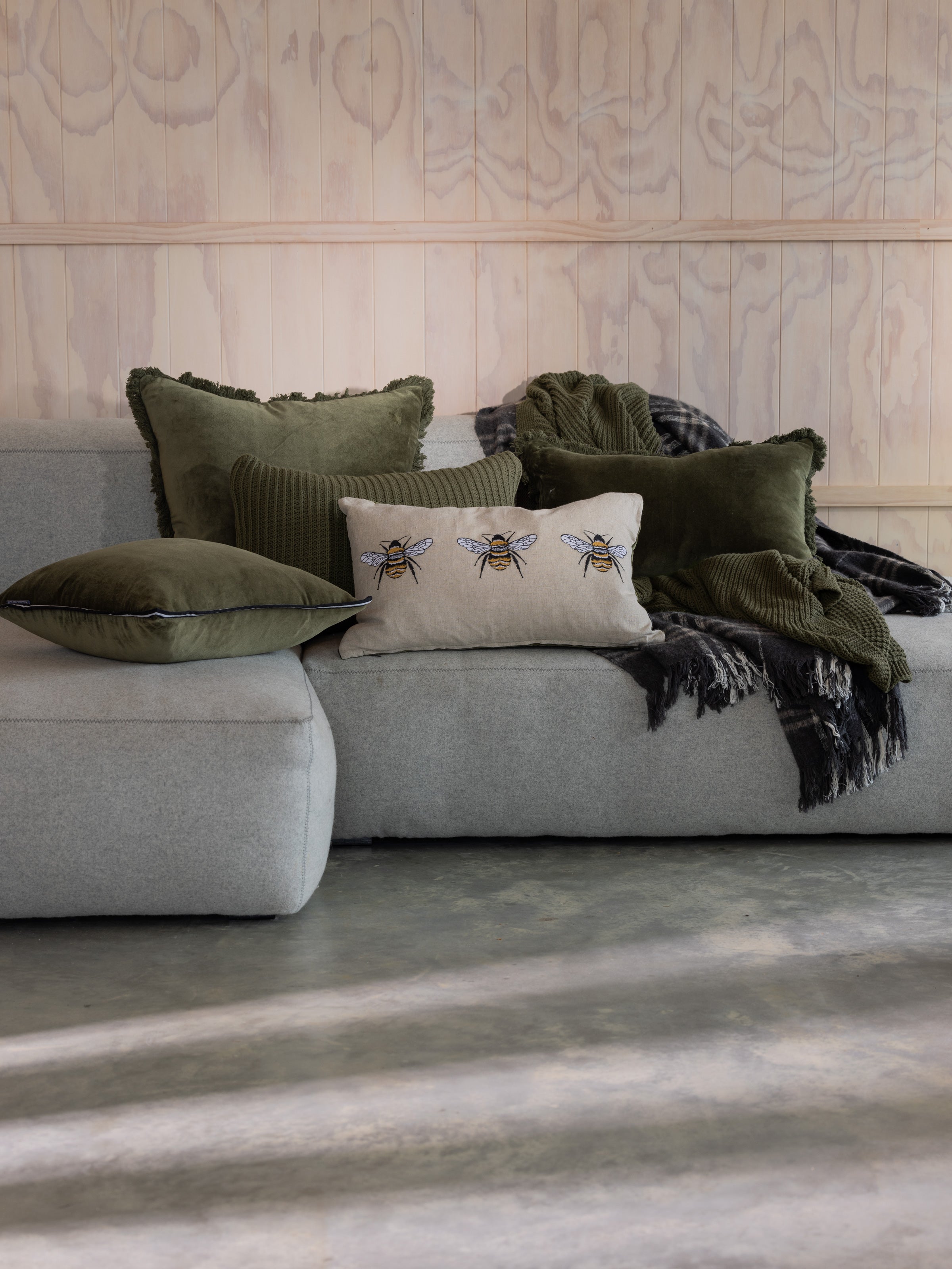 Bee Trio Embroidered Rectangle Cushion Cover | Olive Natural-2