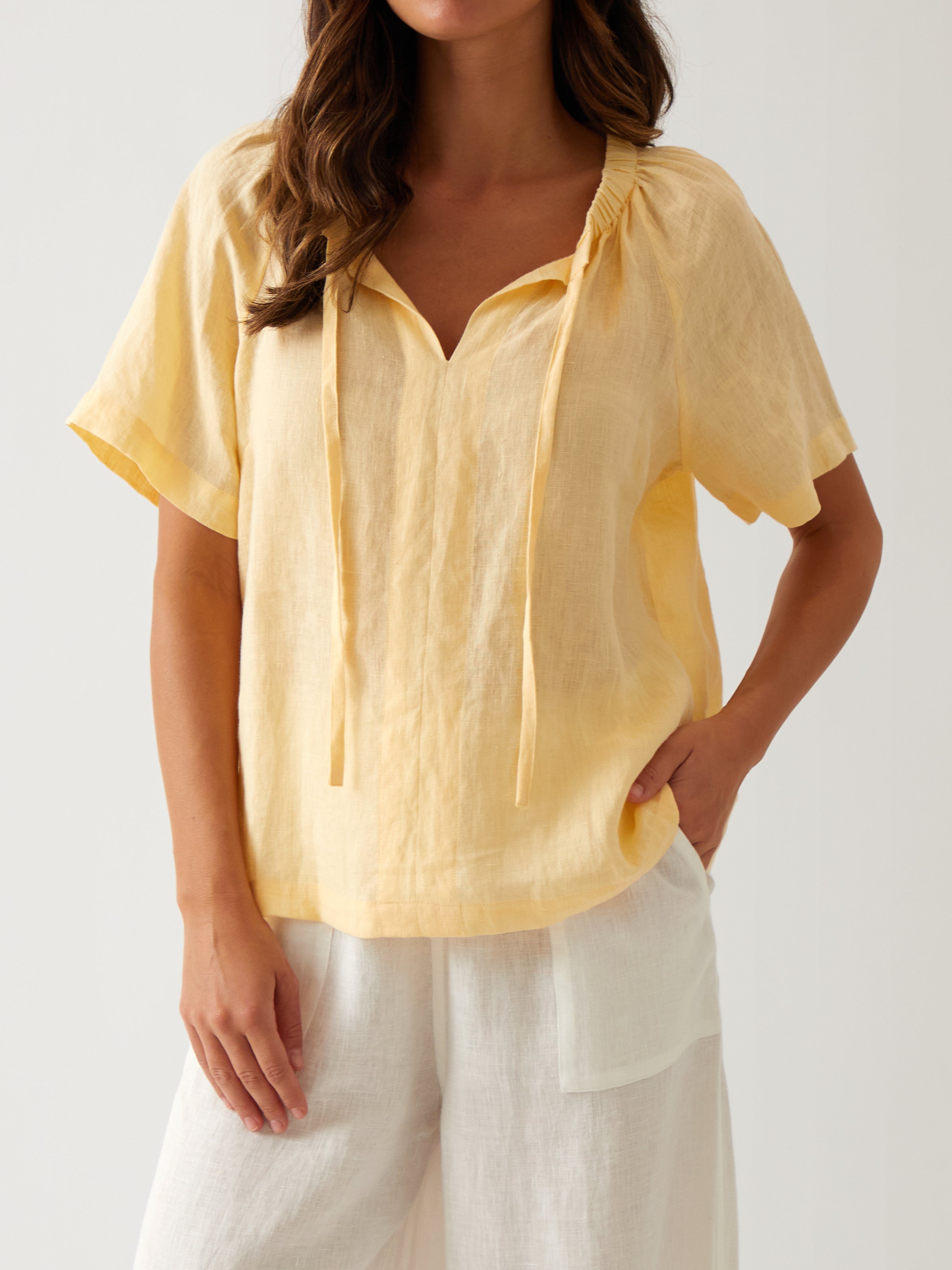 Monaco Linen Gathered Top | Butter-1
