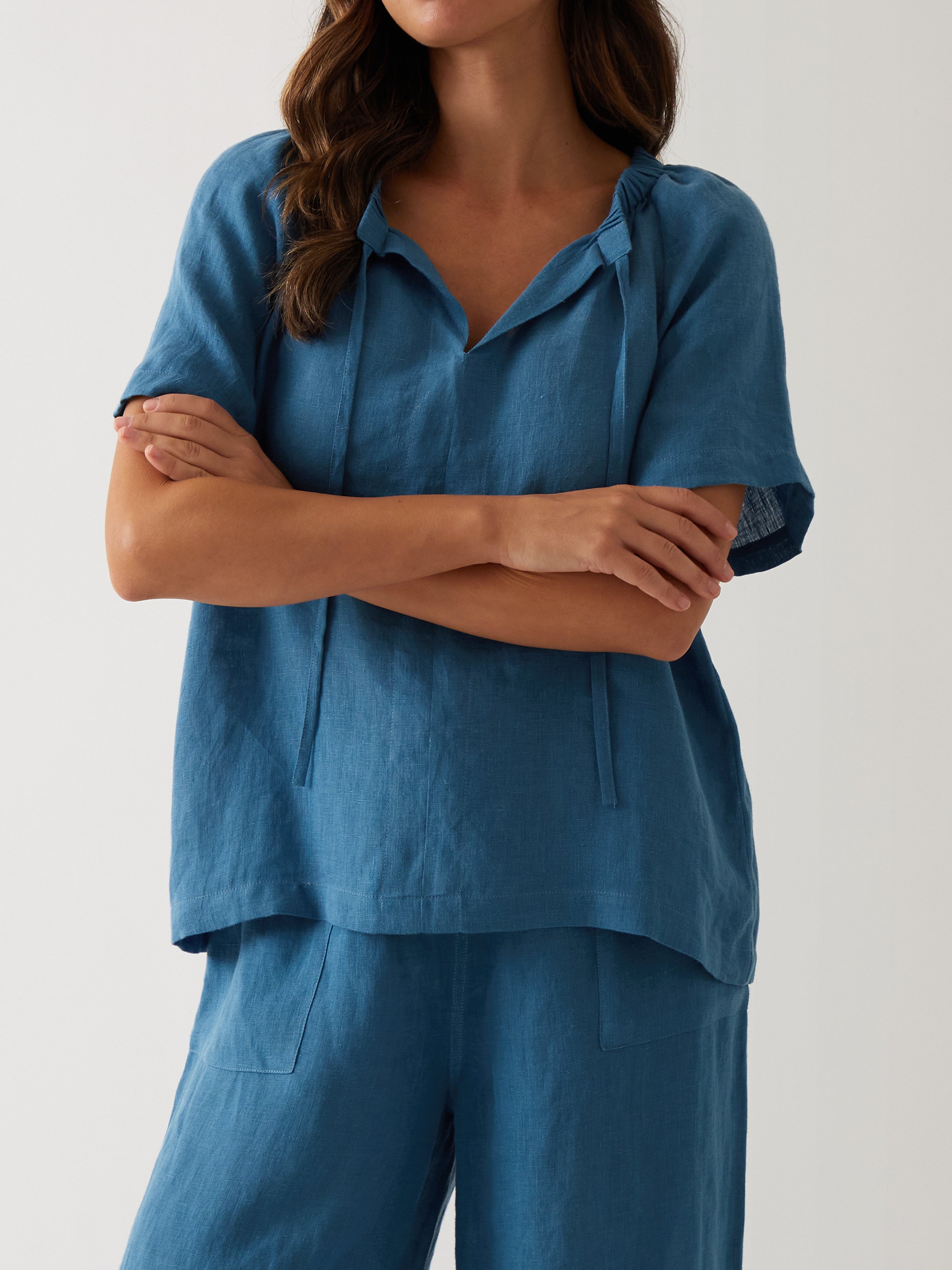 Monaco Linen Gathered Top | Ocean-1