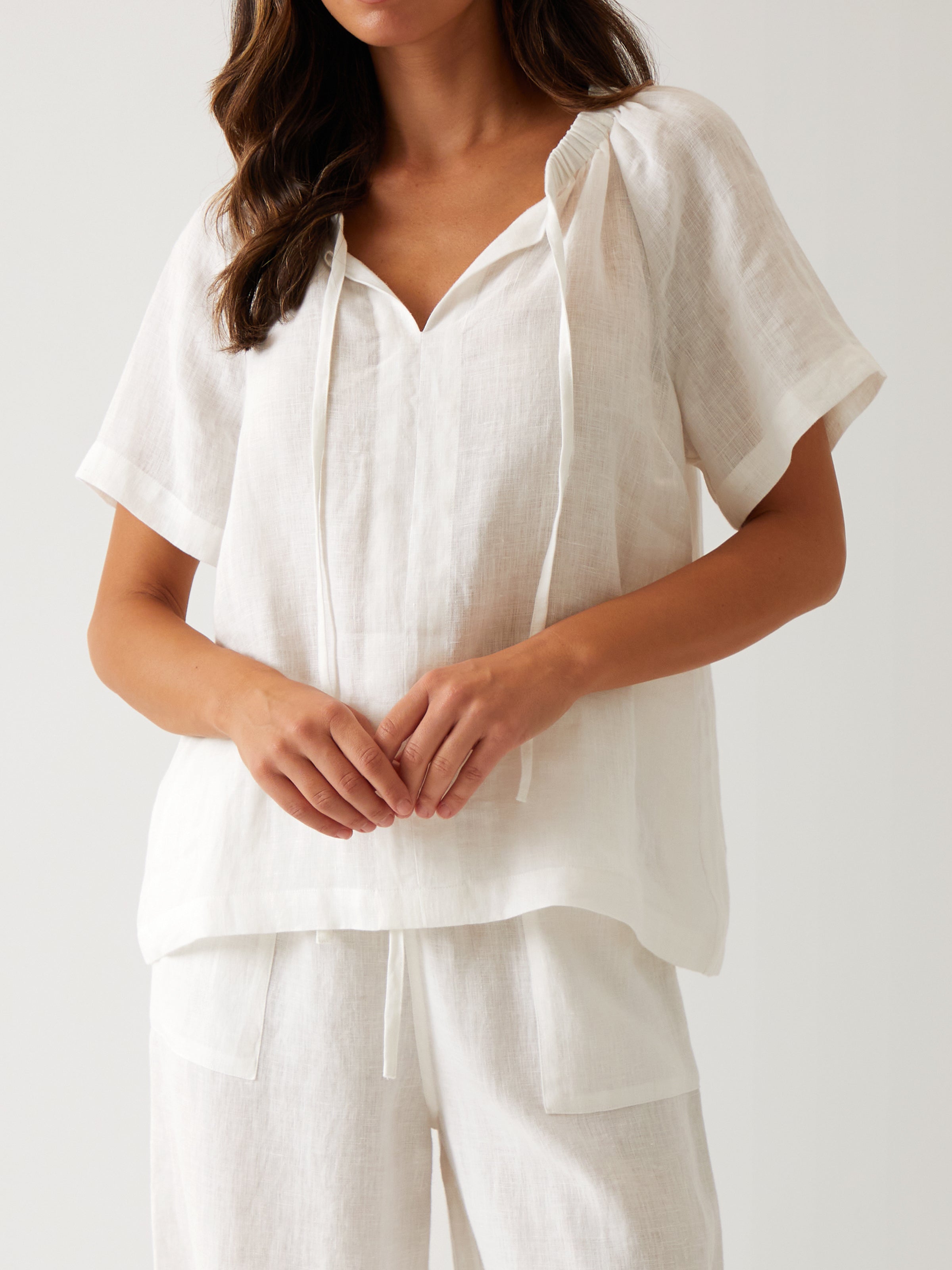 Monaco Linen Gathered Top | White-1