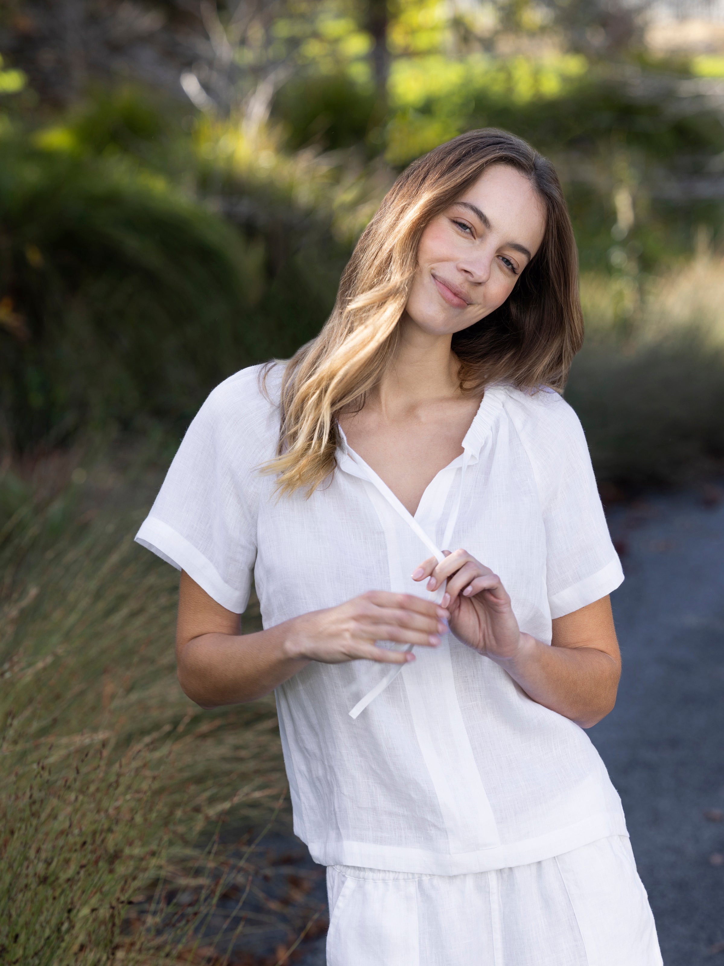 Monaco Linen Gathered Top | White-3