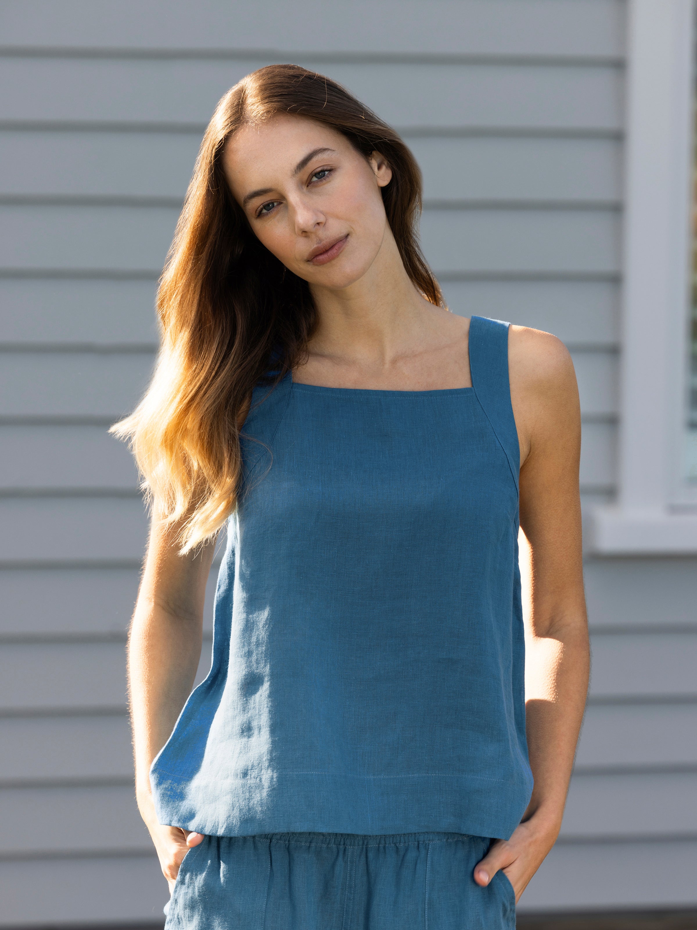 Monaco Linen Wide Strap Top | Ocean-3