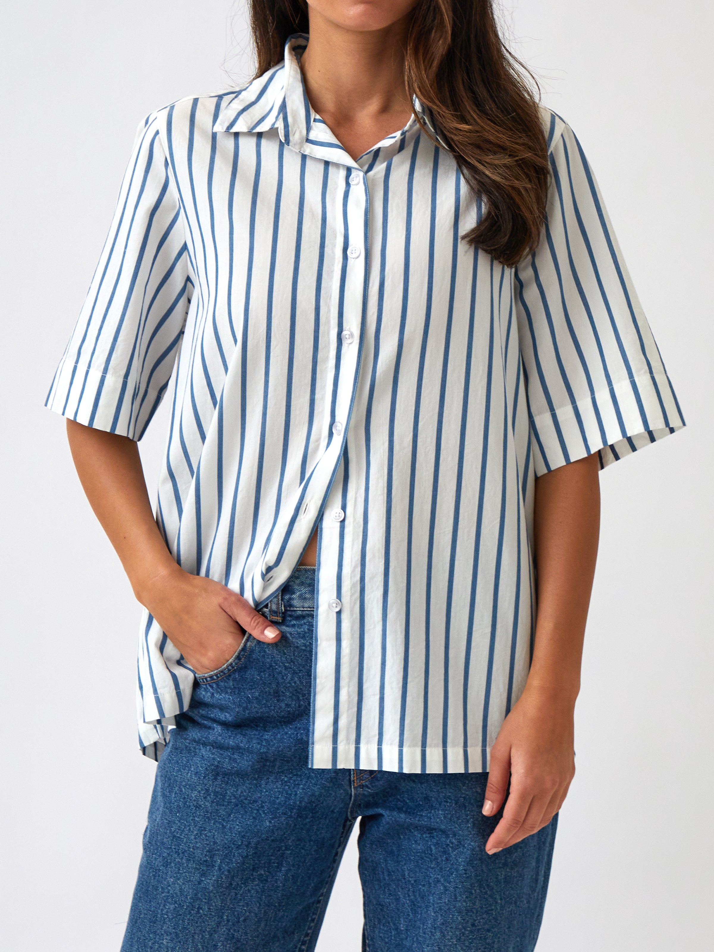 Rhodes Poplin Shirt | Blue Stripe-1