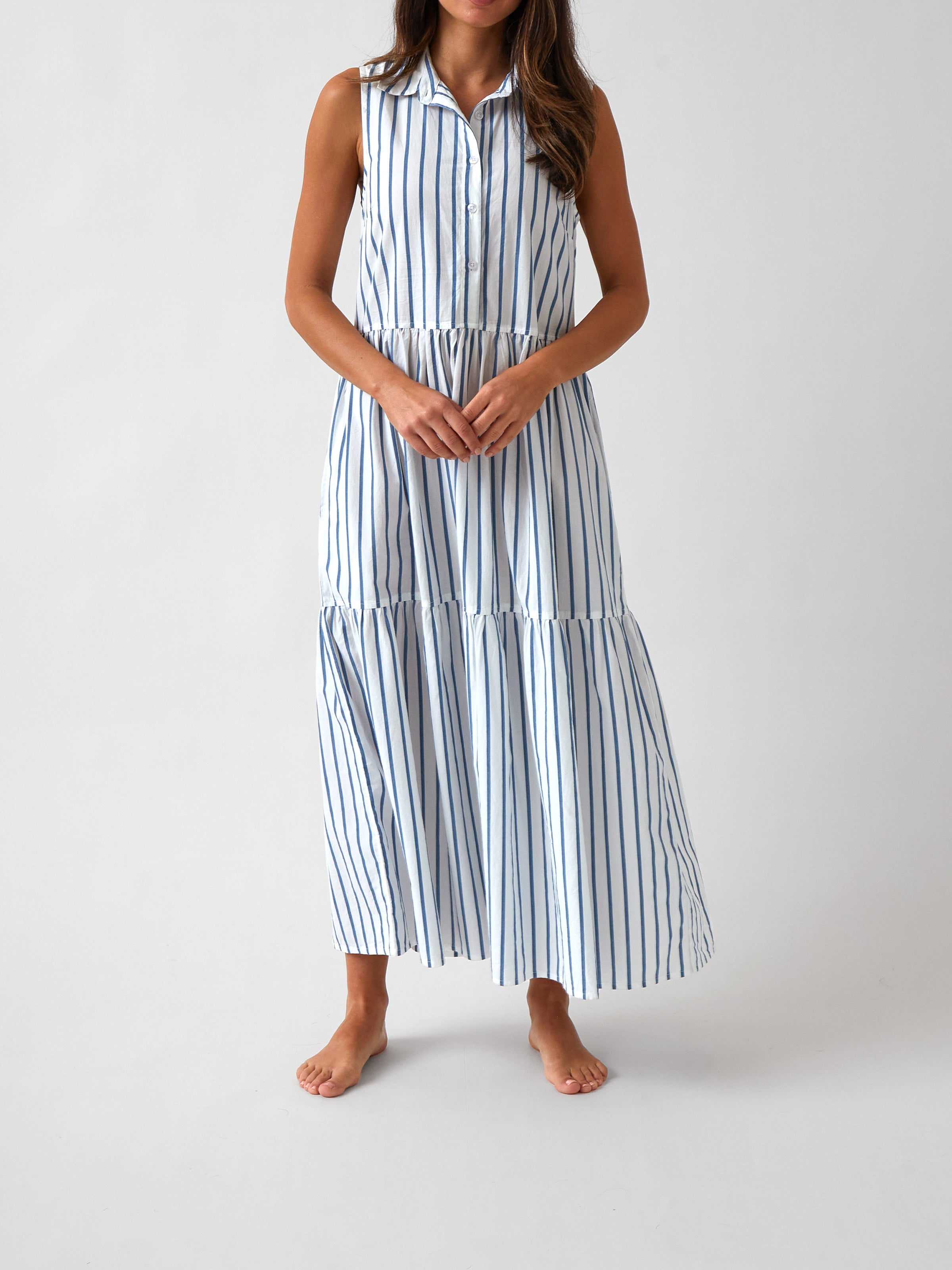 Rhodes Poplin Tier Dress | Blue Stripe-1