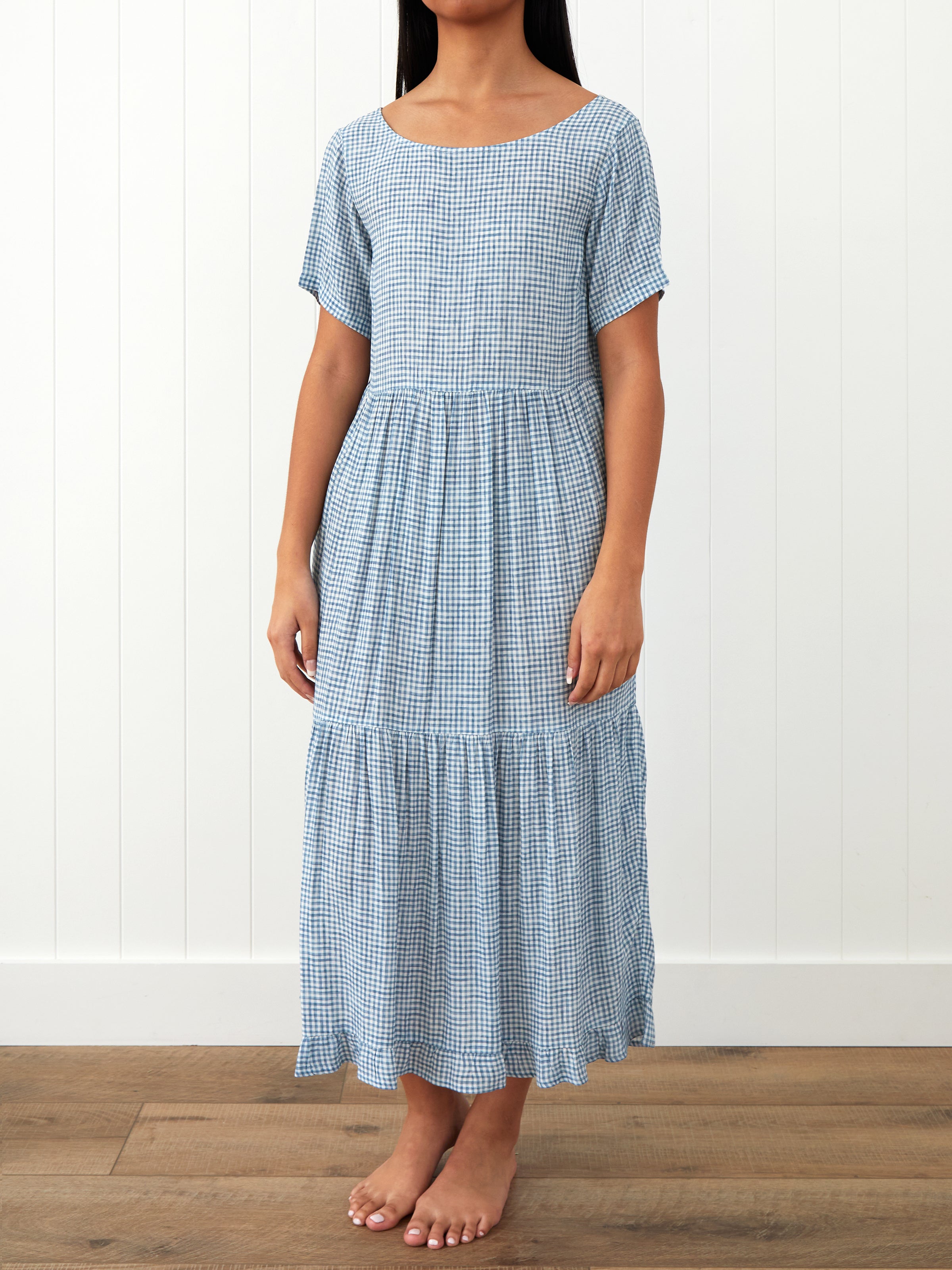 Riviera Rayon Tier Dress | Blue Gingham-1