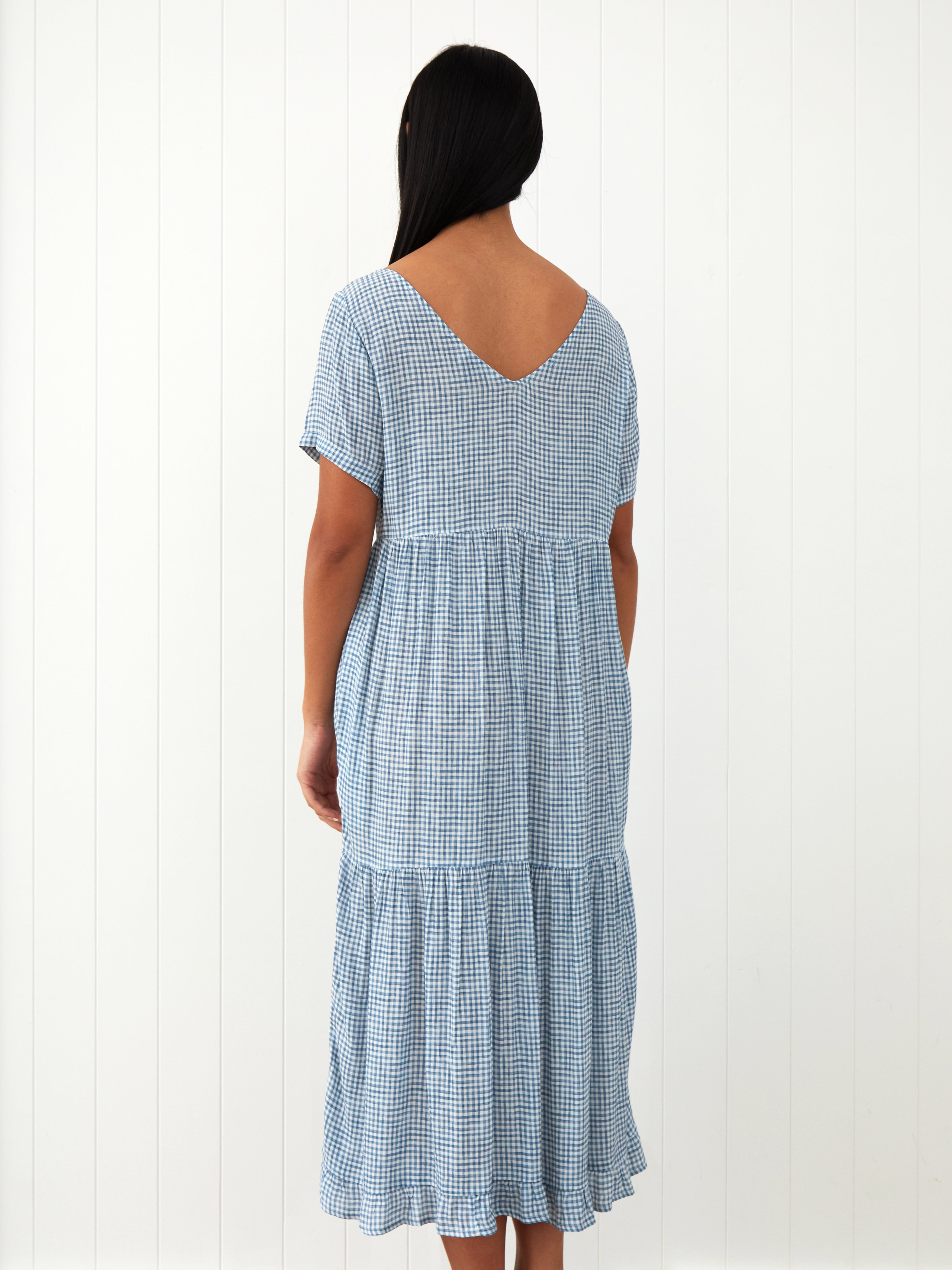Riviera Rayon Tier Dress | Blue Gingham-4