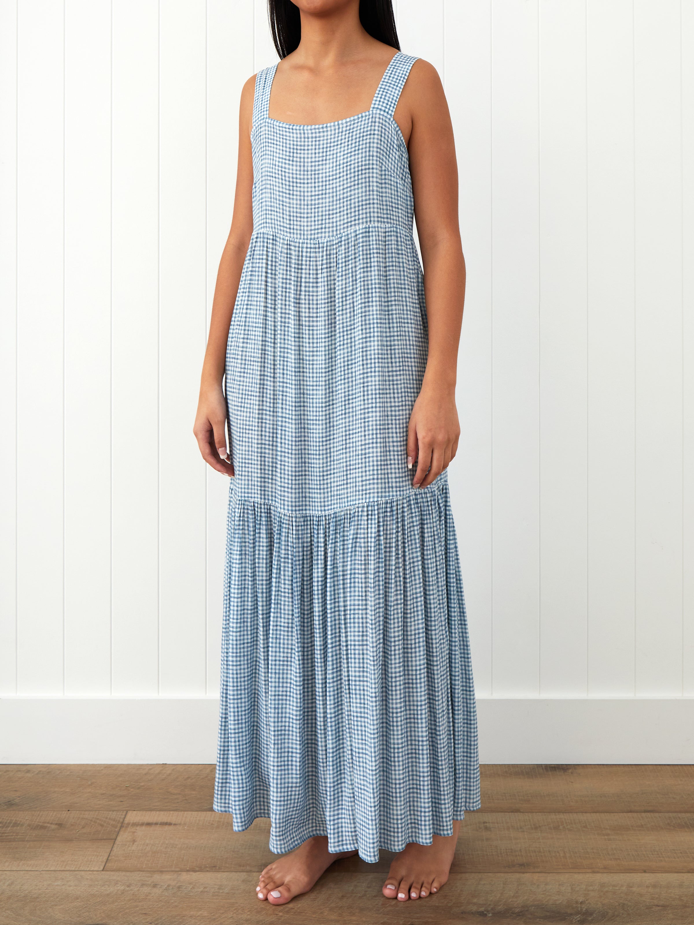 Riviera Wide Strap Rayon Dress | Blue Gingham-1