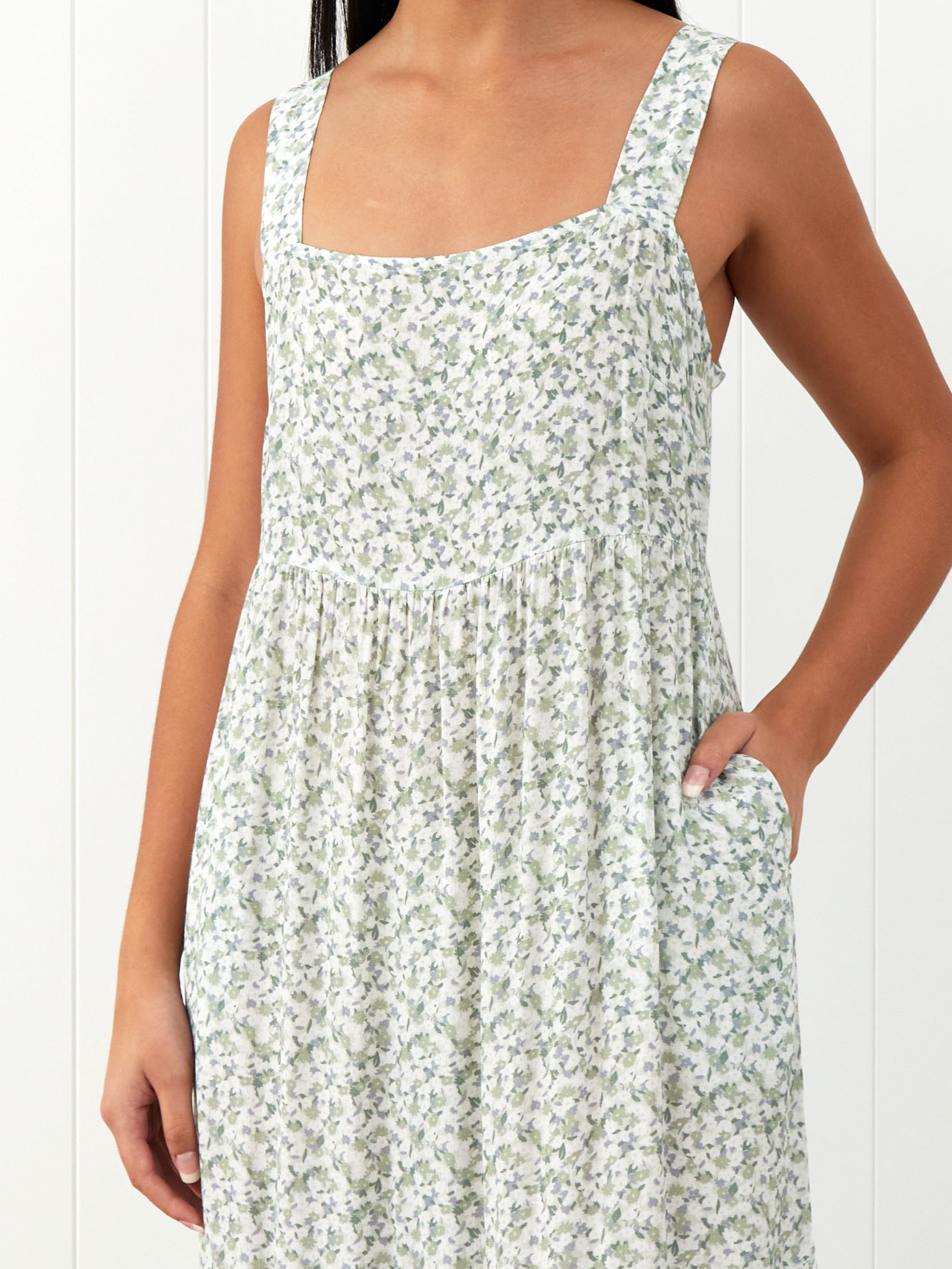 Riviera Wide Strap Rayon Dress | Green Floral-3