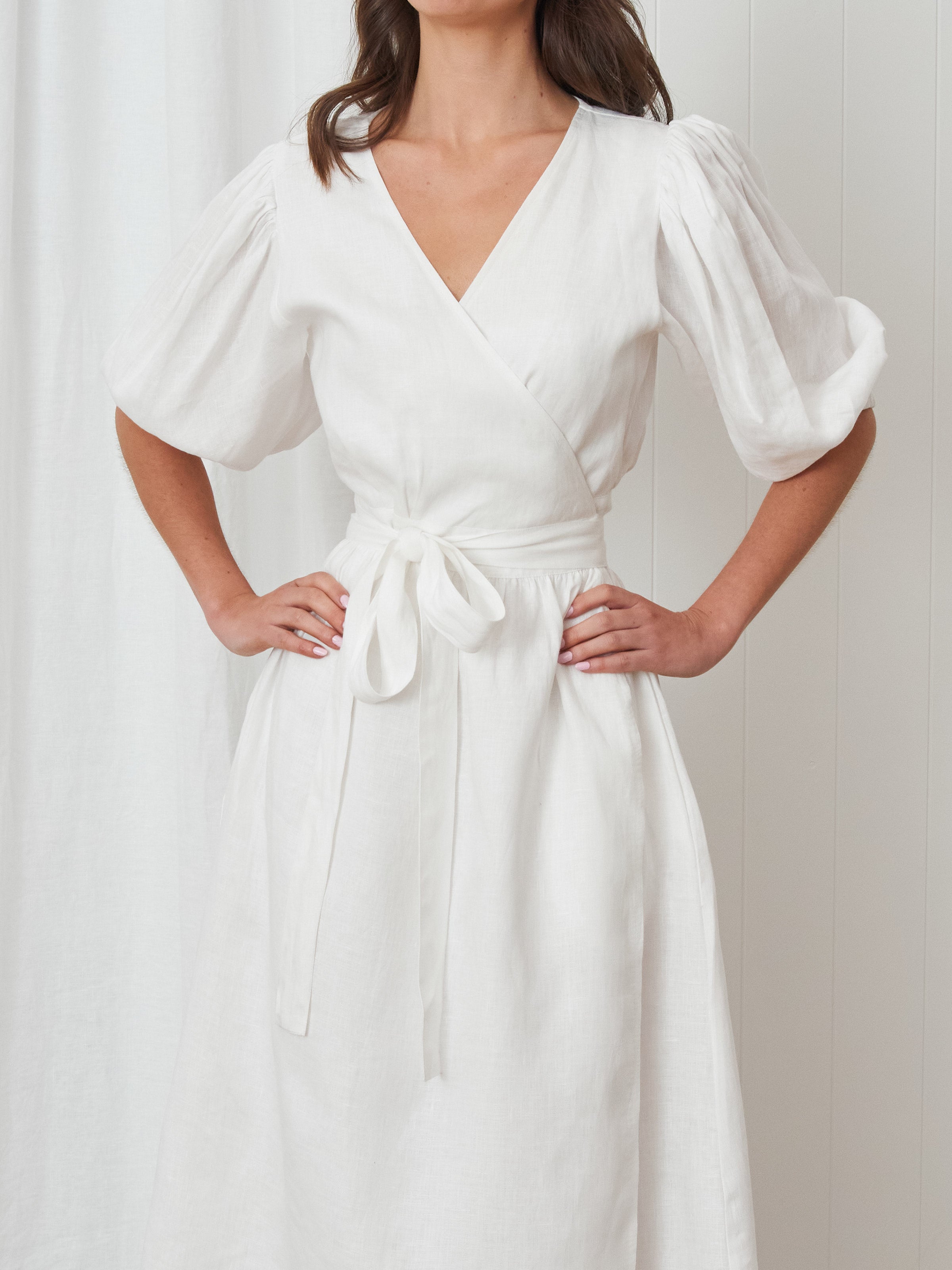 Voyager Linen Wrap Dress | White-3