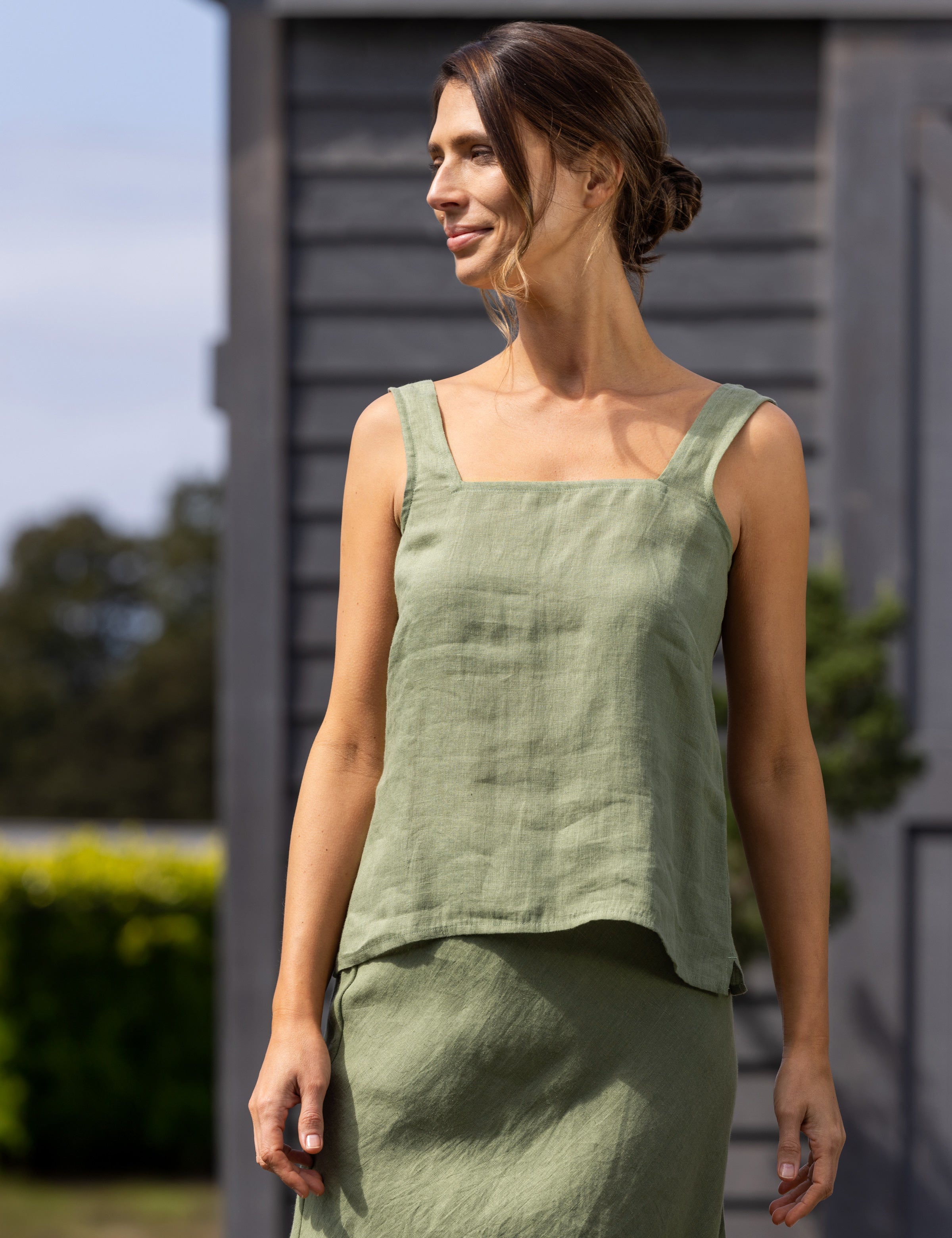 Amalfi Linen Singlet Top | Cactus-5