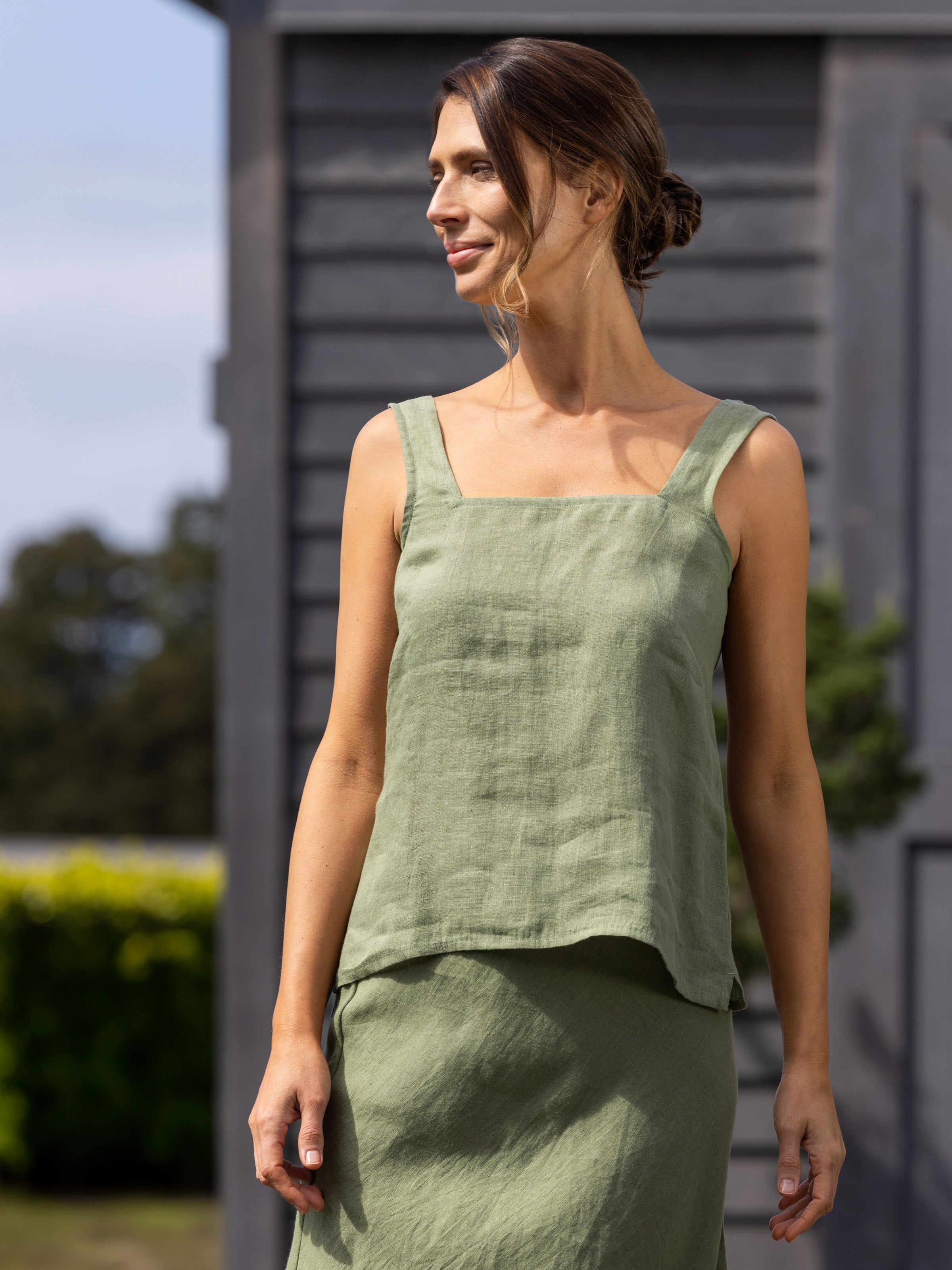 Amalfi Linen Singlet Top | Cactus-5
