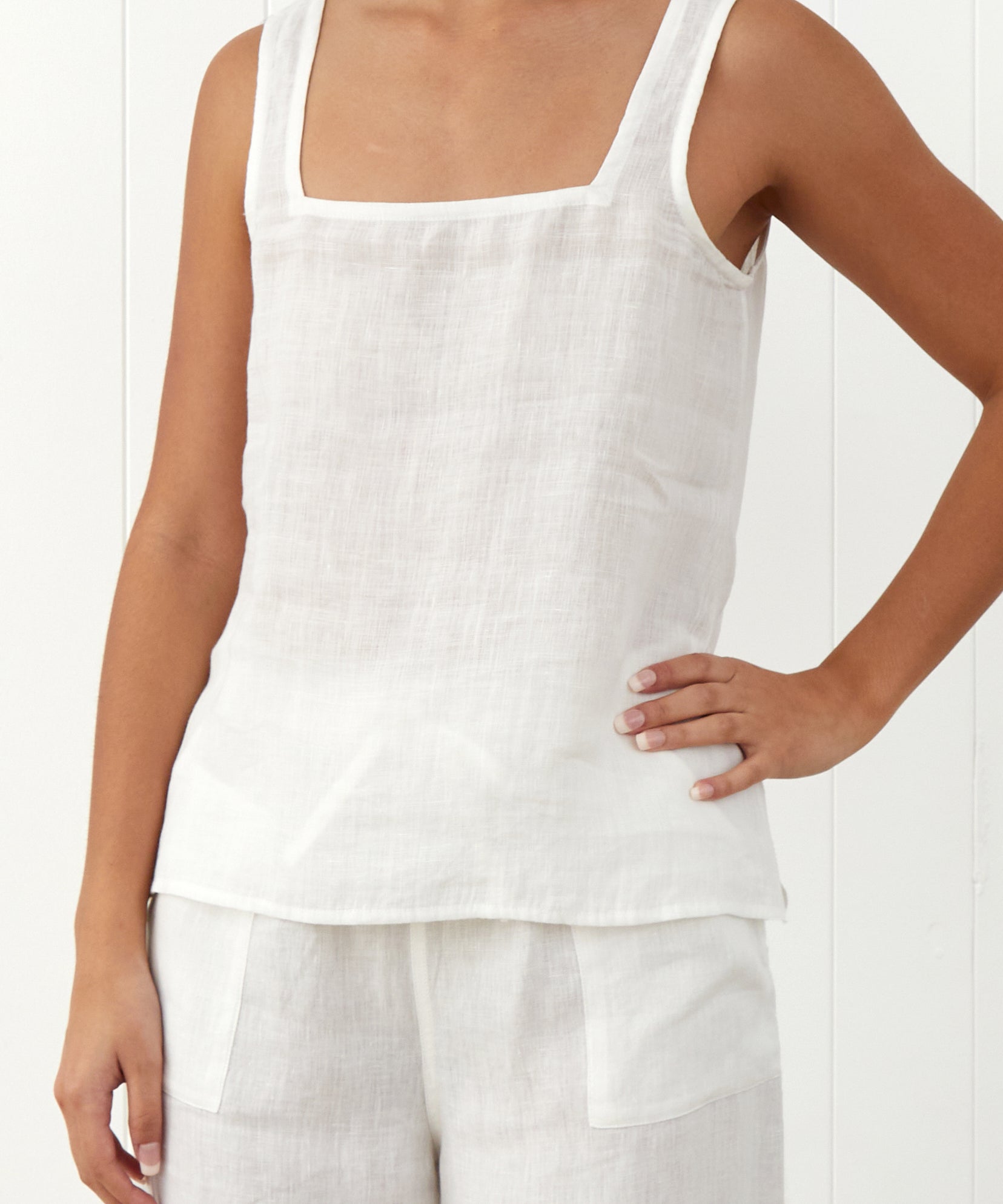 Amalfi Linen Singlet Top | White-3