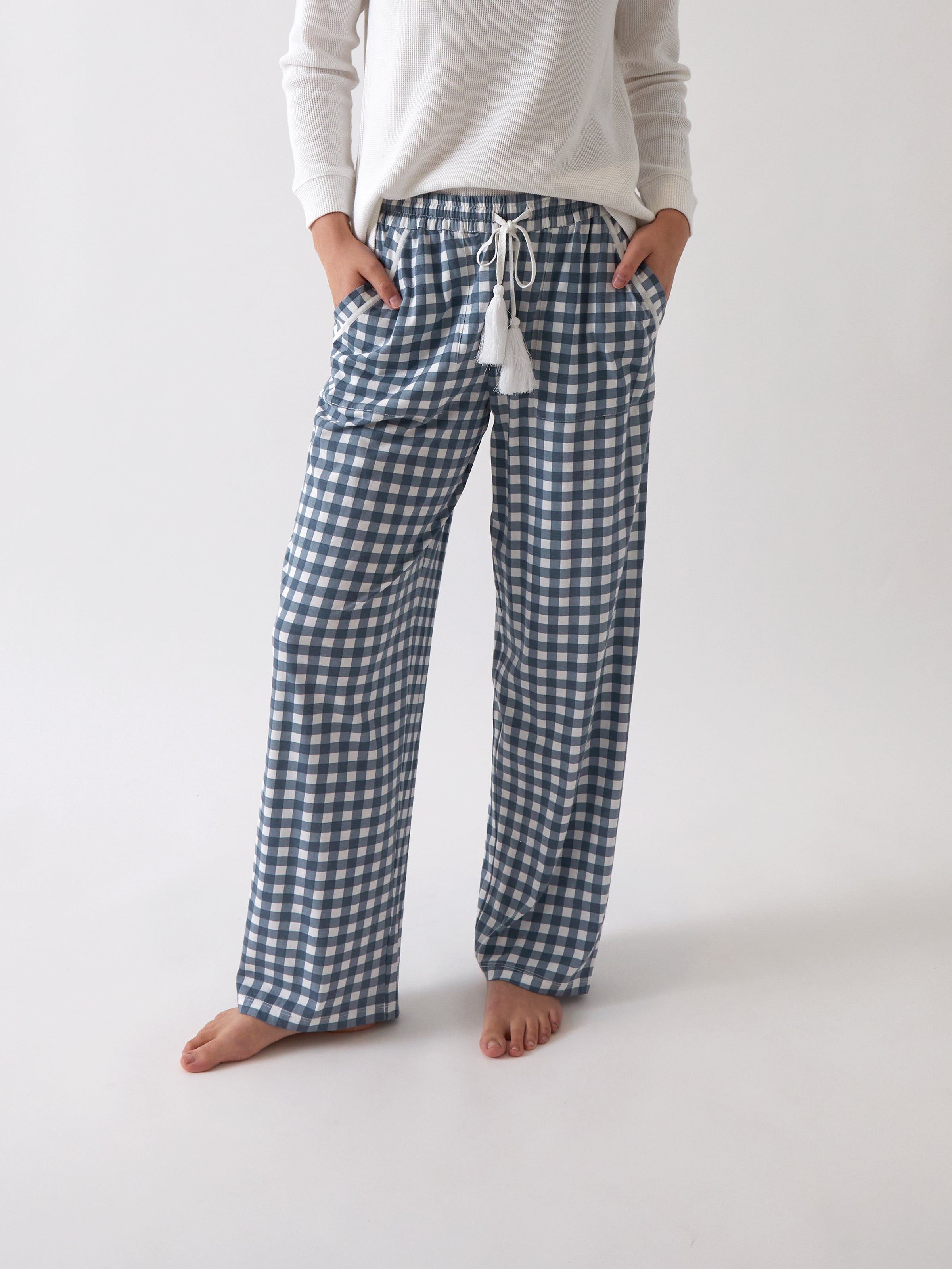 August Organic Cotton Knit PJ Pants | Blue Gingham-1