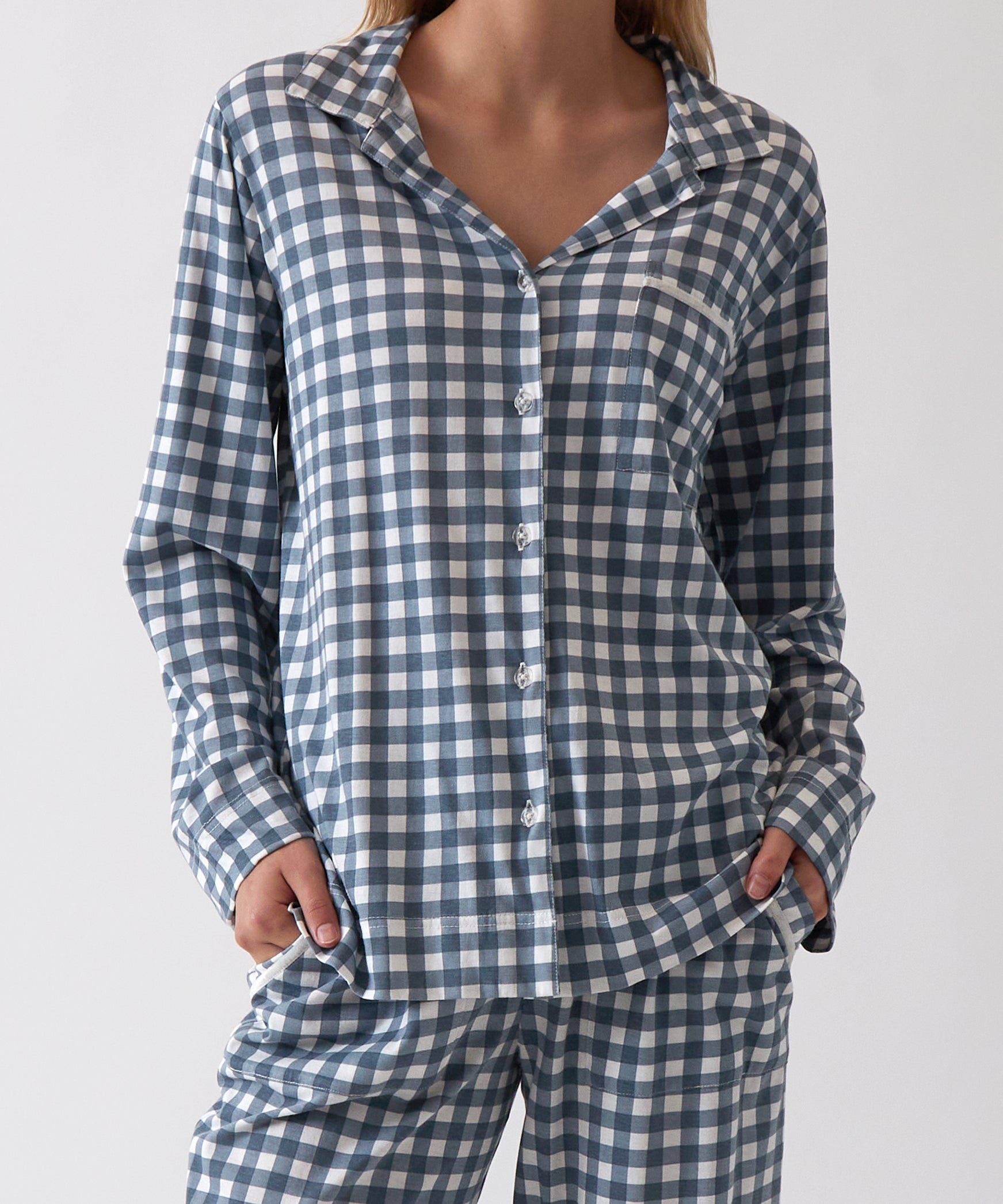 August Organic Cotton Knit PJ Shirt | Blue Gingham-1
