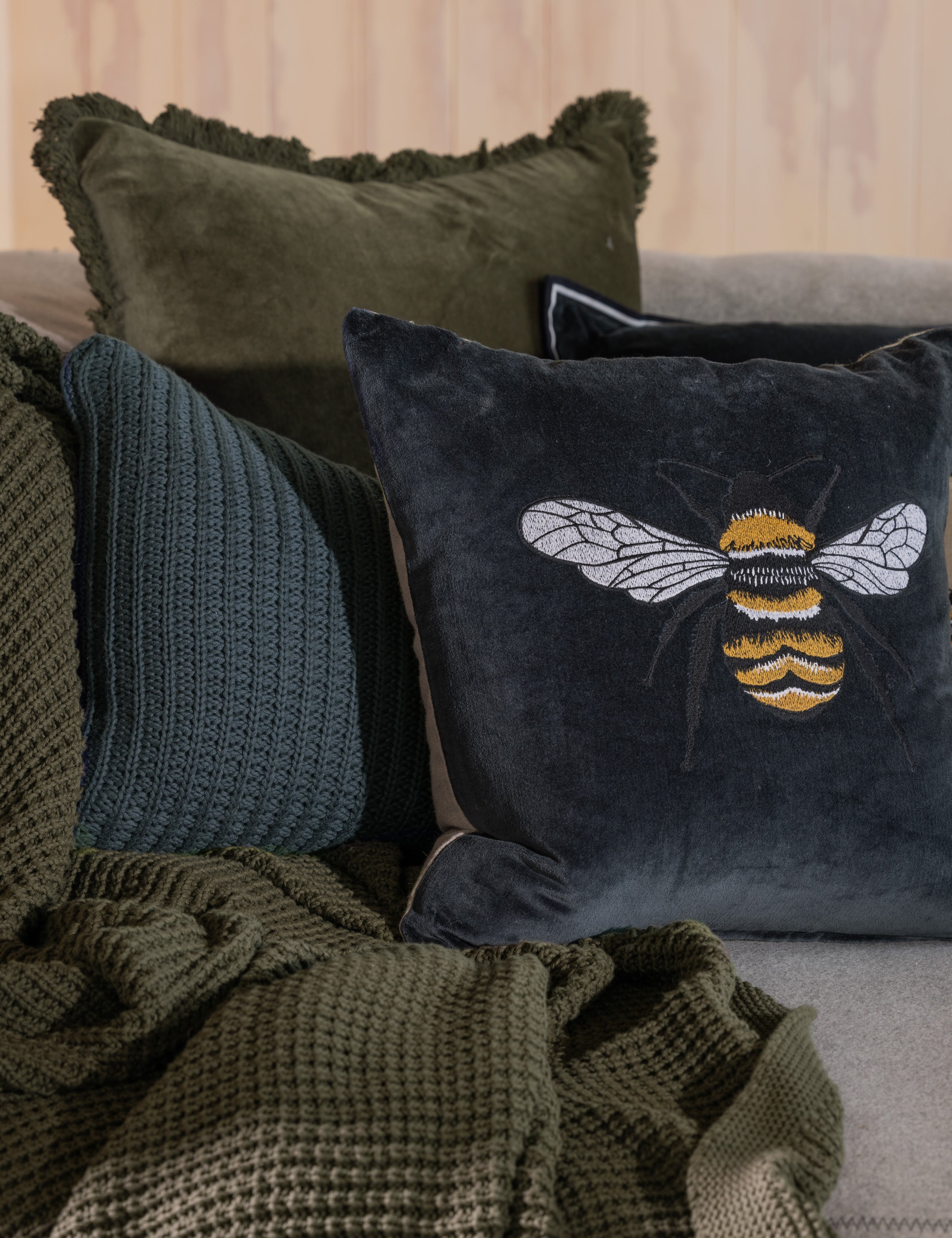 Bee Embroidered Square Cushion Cover | Midnight Natural-2