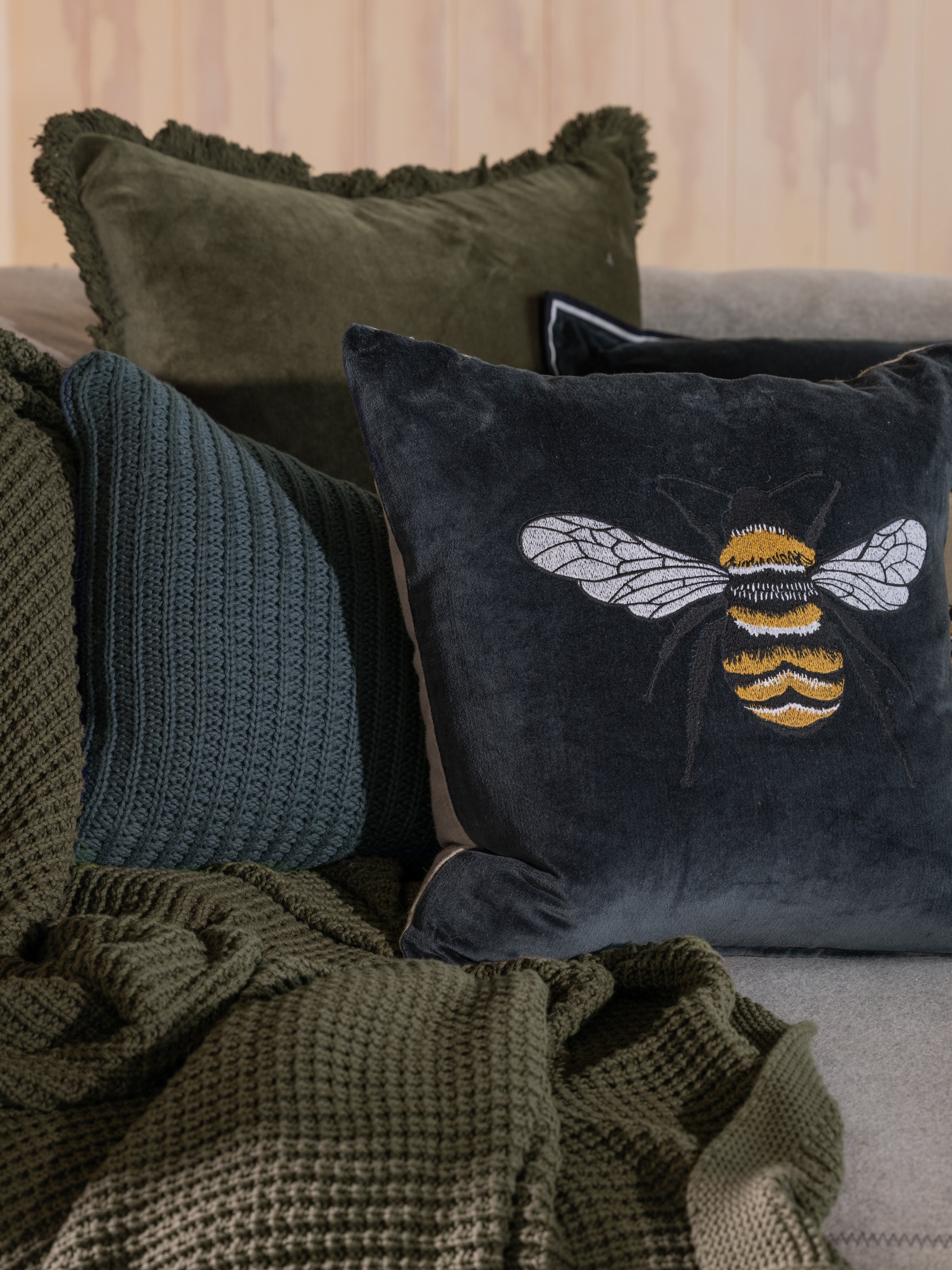 Bee Embroidered Square Cushion Cover | Midnight Natural-2