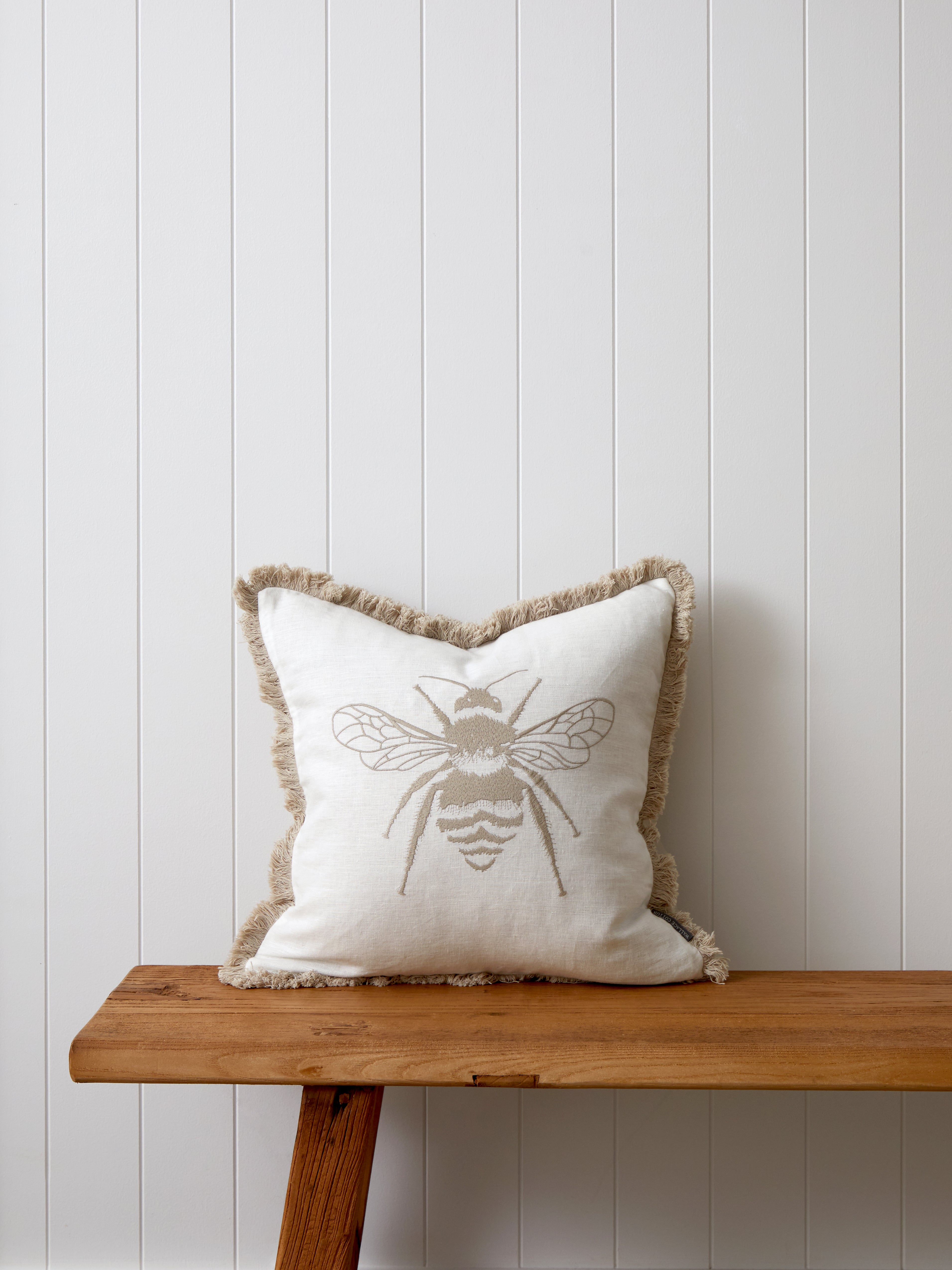 Bee Embroidery Square Cushion Cover | Natural White-1