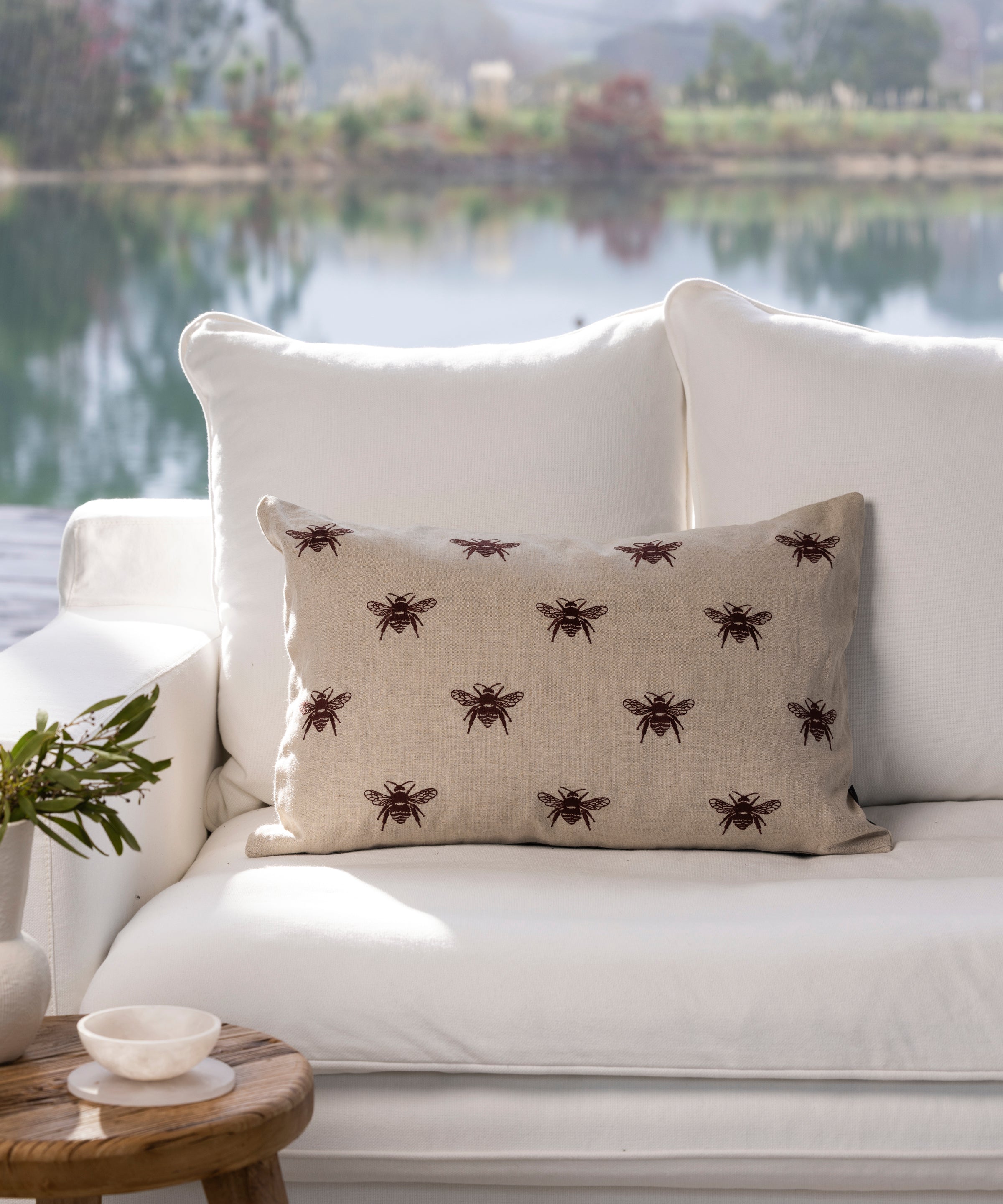 Bee Swarm Embroidery Rectangle Cushion Cover | Merlot-2
