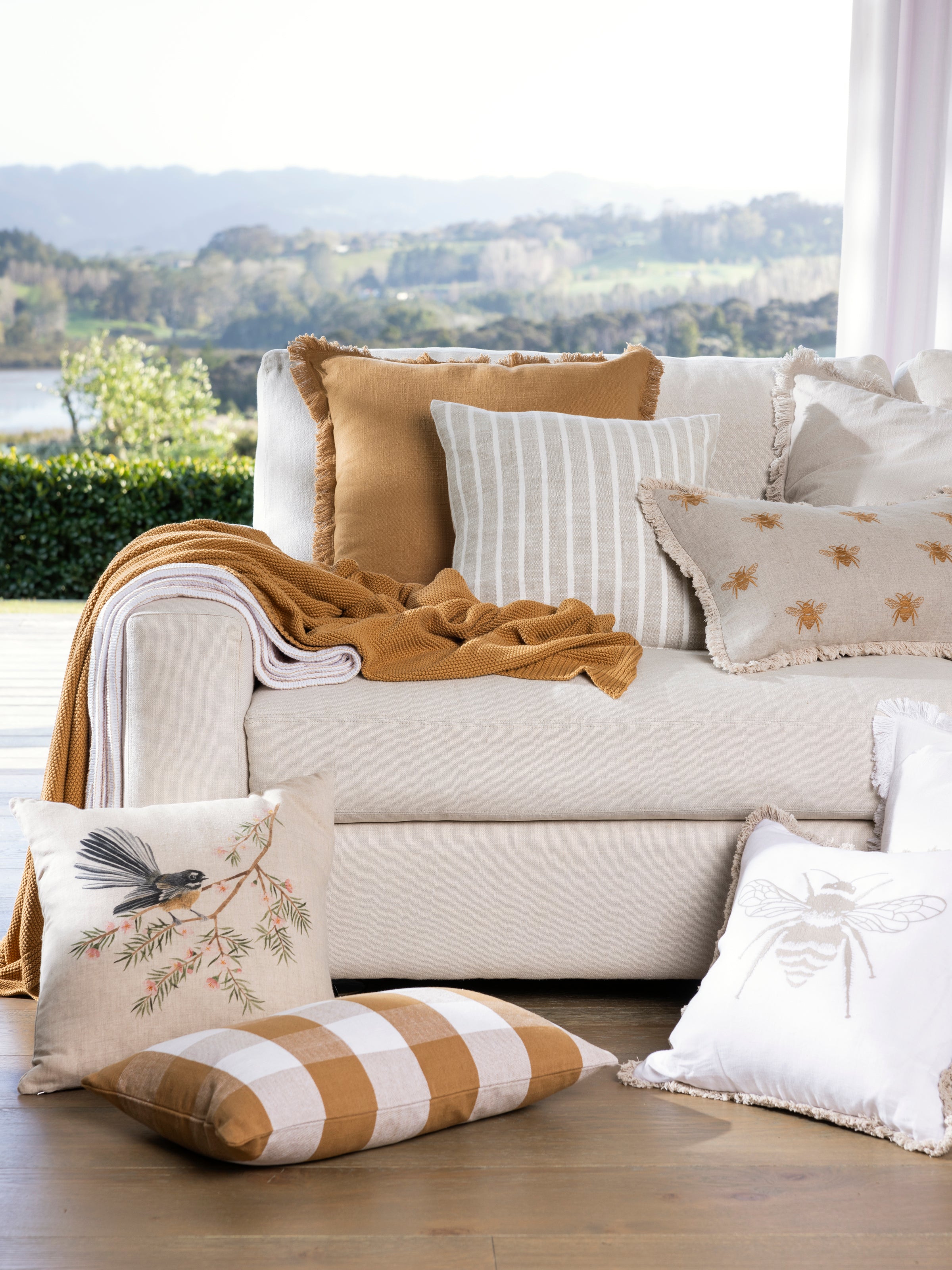 Bee Swarm Embroidery Rectangle Cushion Cover | Tussock Natural-2