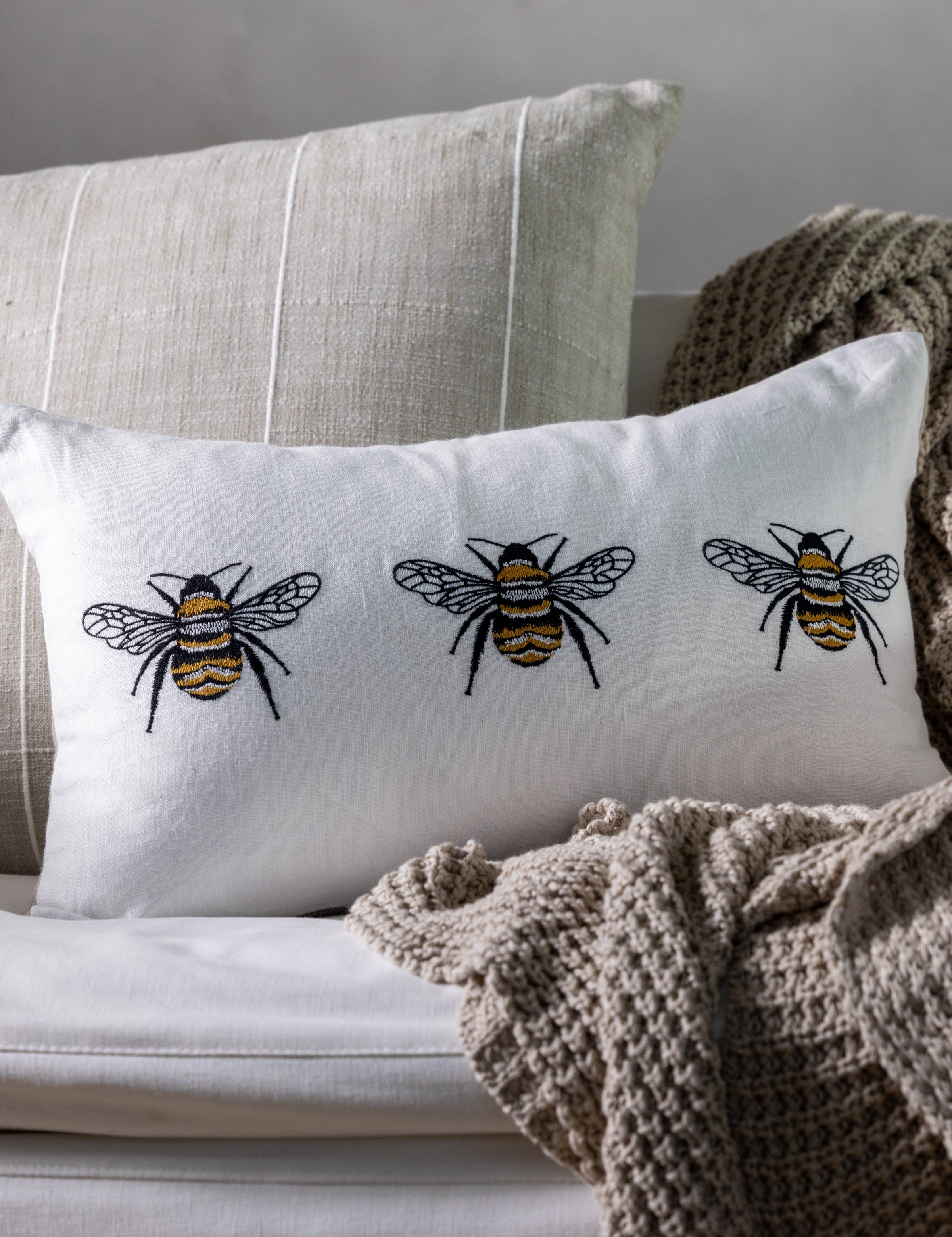 Bee Trio Embroidered Rectangle Cushion Cover | Multi-2