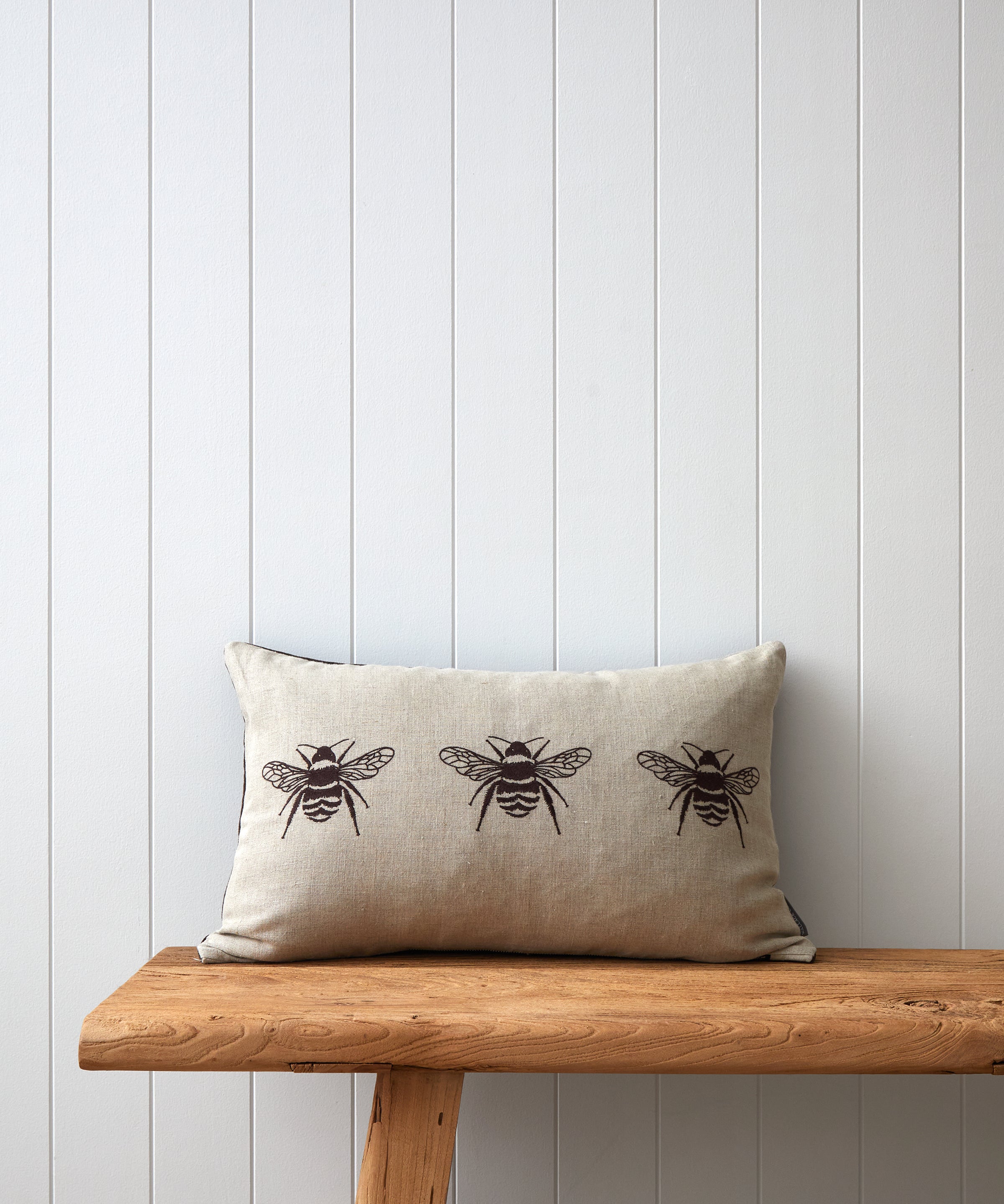 Bee Trio Embroidered Rectangle Cushion Cover | Natural Cocoa-1