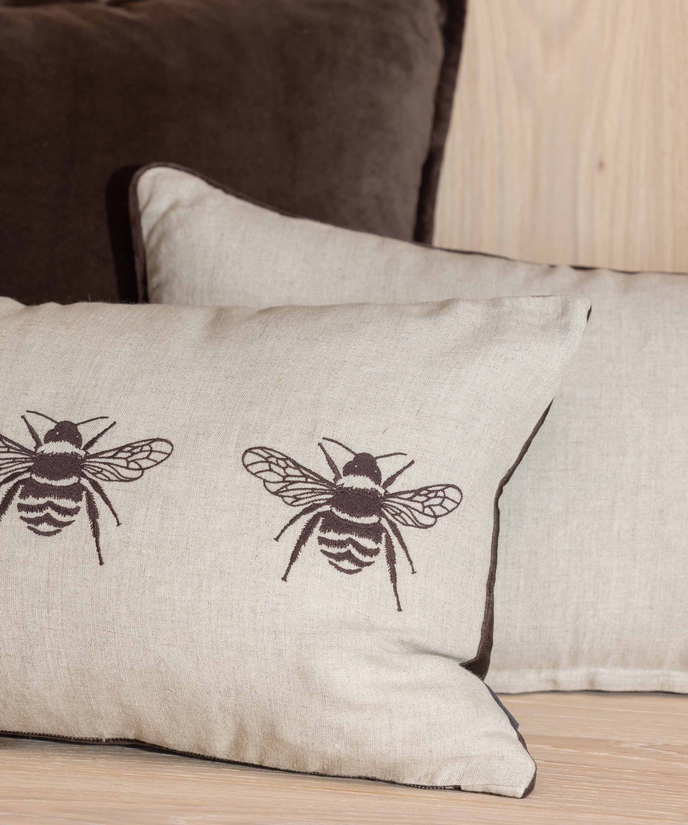Bee Trio Embroidered Rectangle Cushion Cover | Natural Cocoa-2