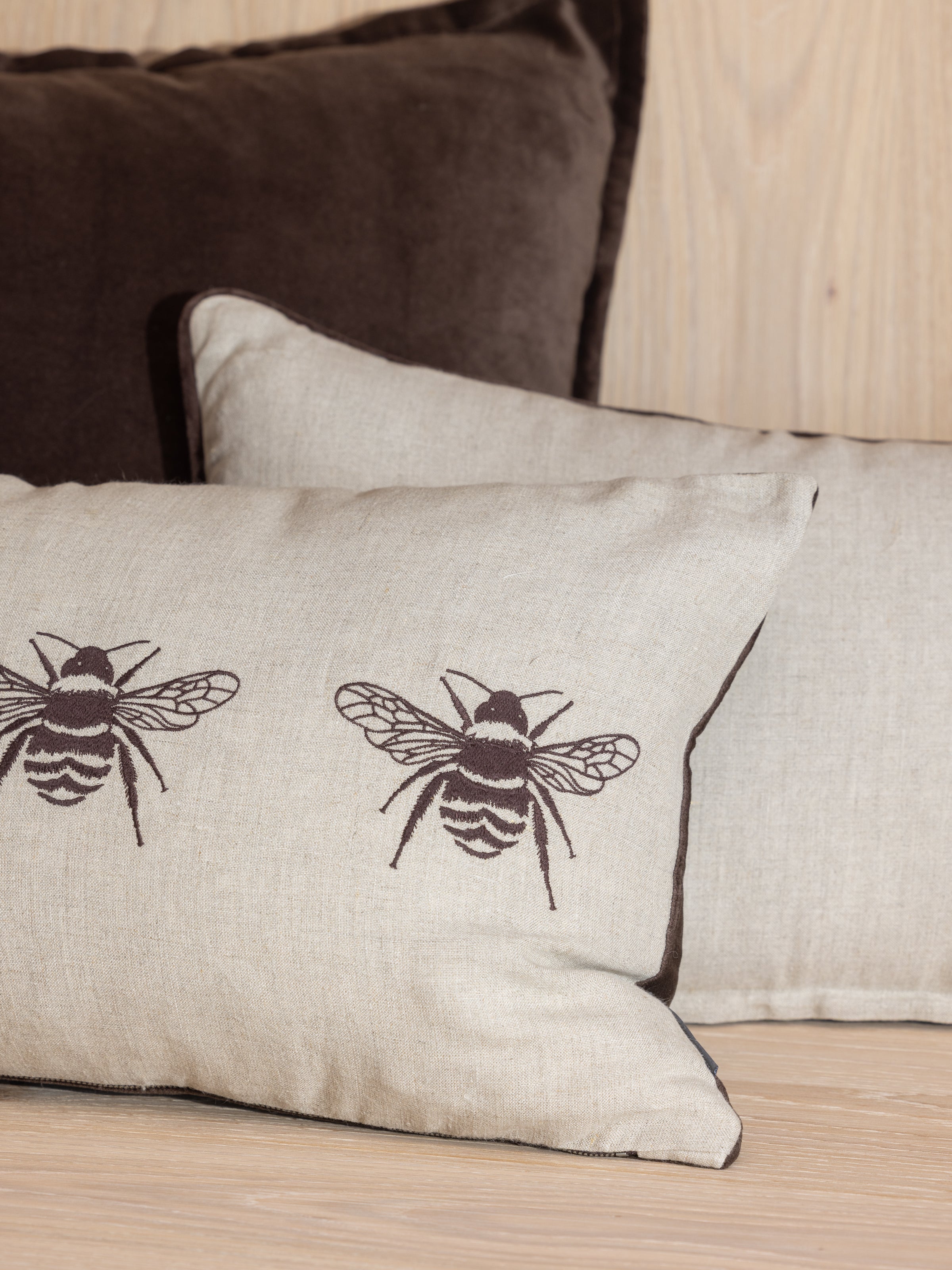 Bee Trio Embroidered Rectangle Cushion Cover | Natural Cocoa-2