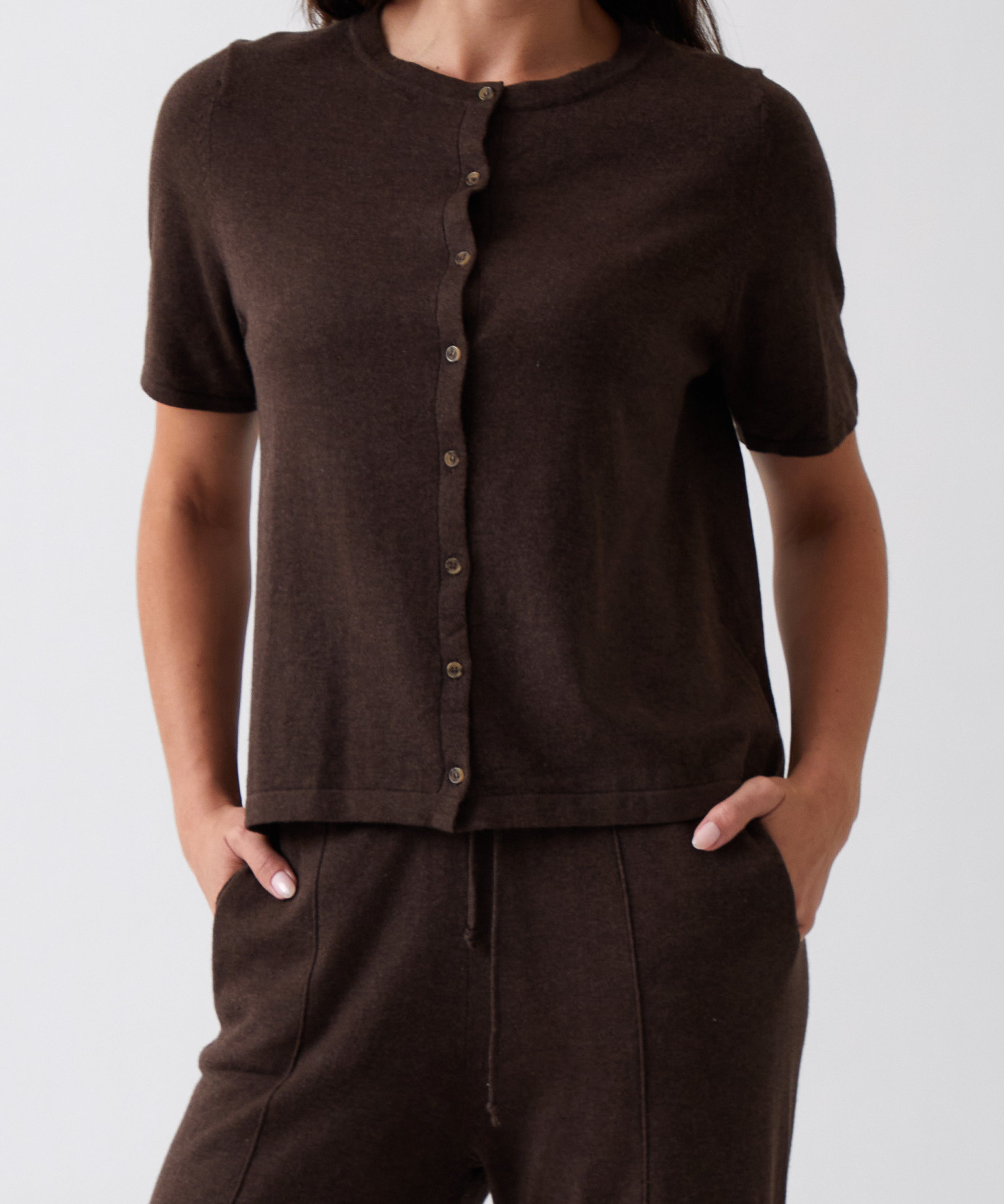 Cotton Cashmere Button Tee | Cocoa-1