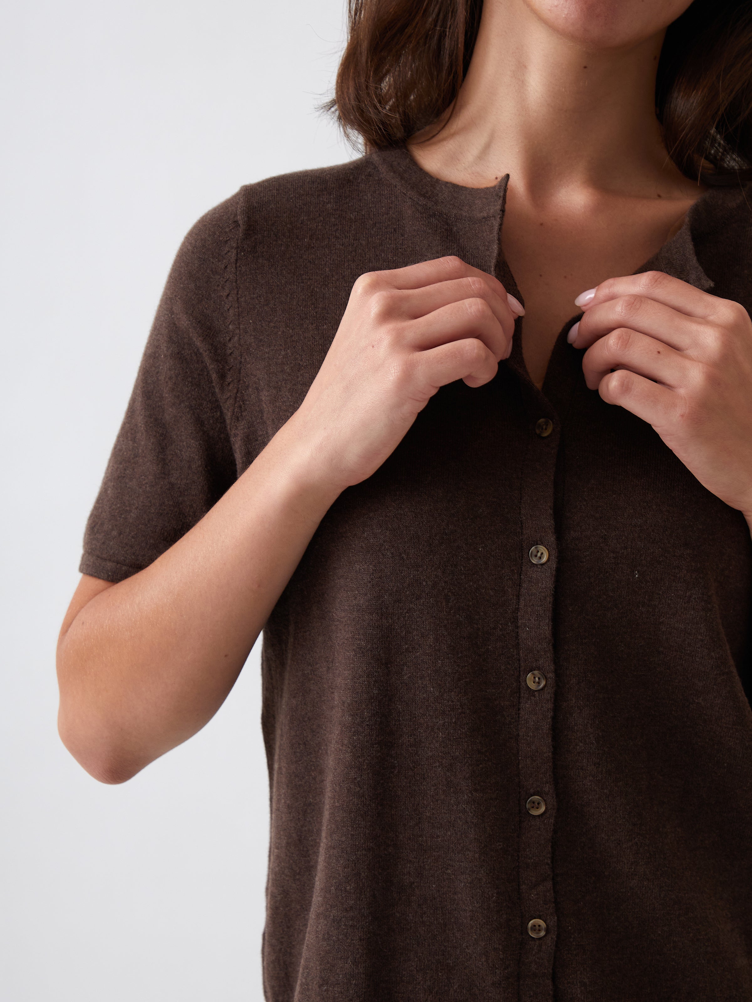 Cotton Cashmere Button Tee | Cocoa-2