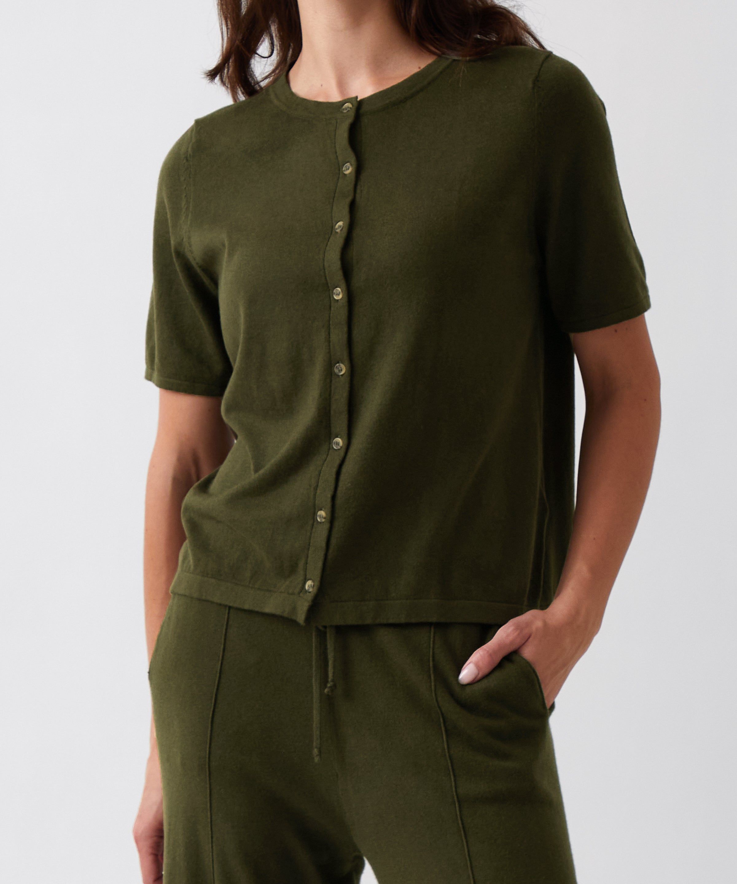 Cotton Cashmere Button Tee | Olive-1