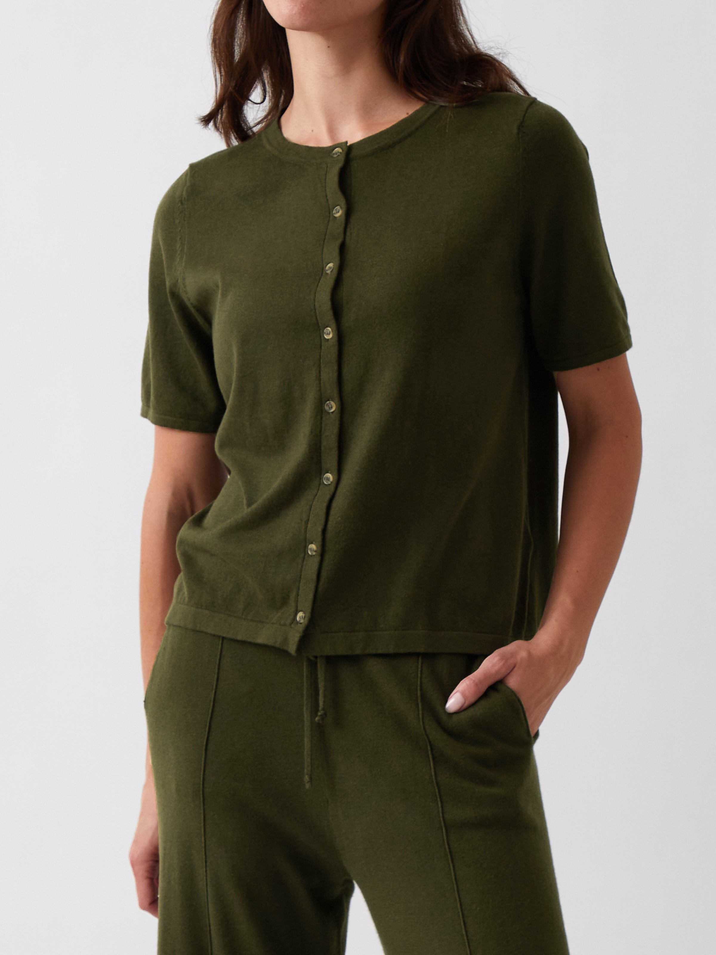 Cotton Cashmere Button Tee | Olive-1