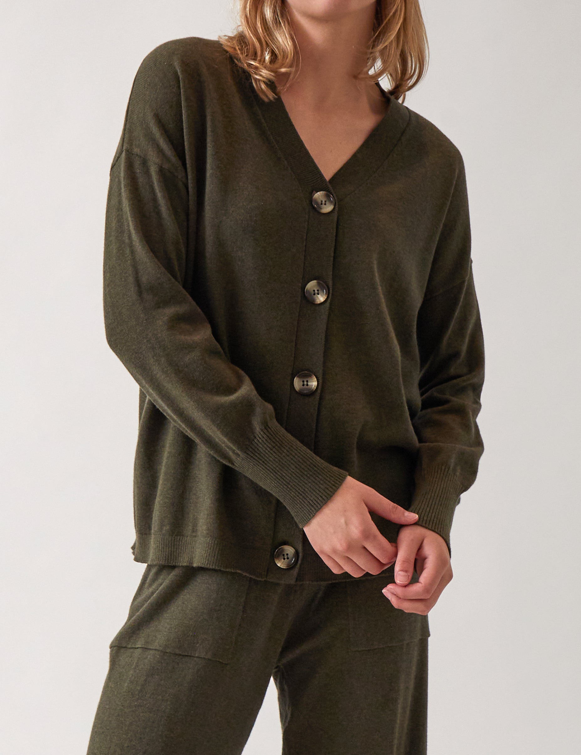 Cotton Cashmere Cardi | Olive-1