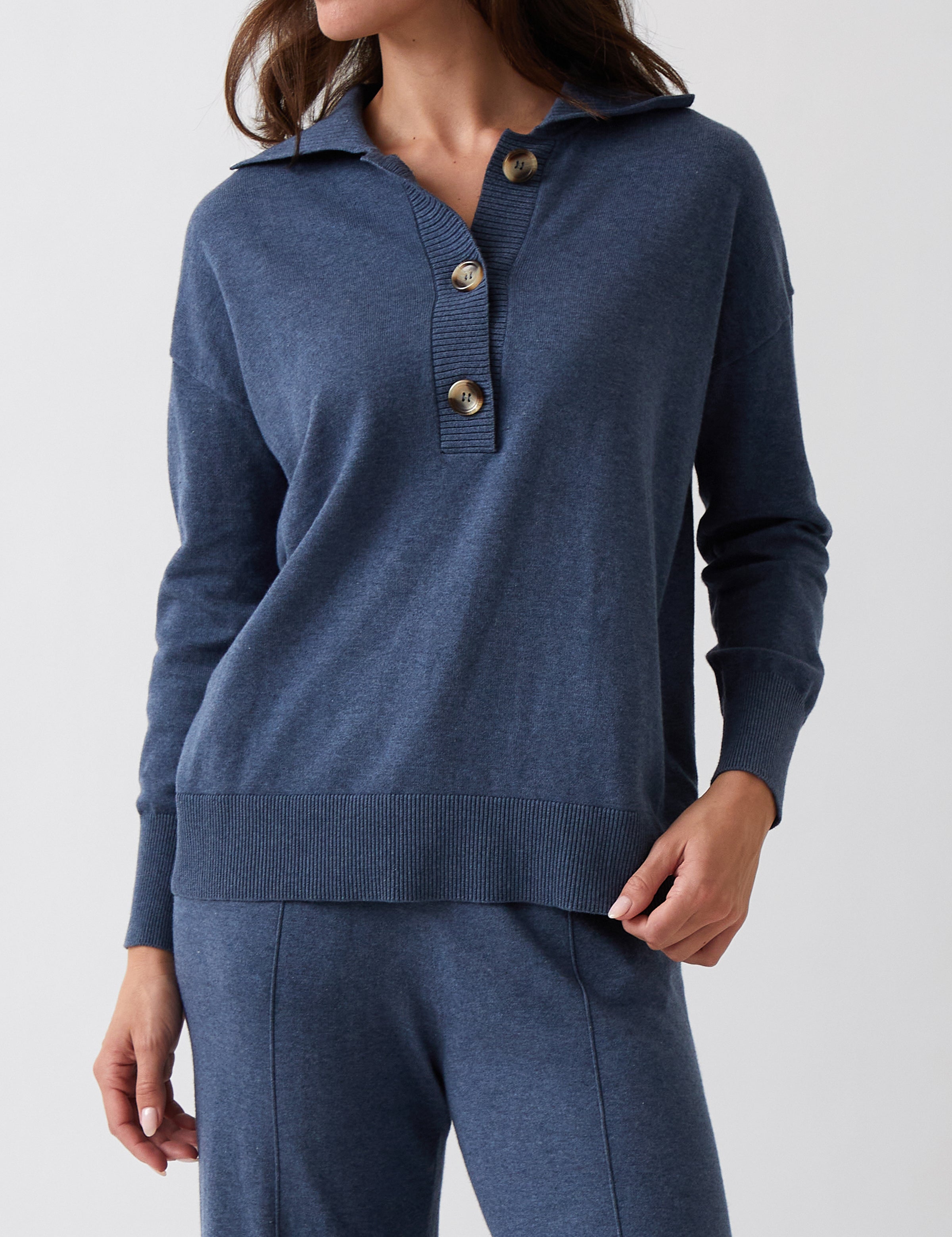 Cotton Cashmere Collared Jumper | Blue-1