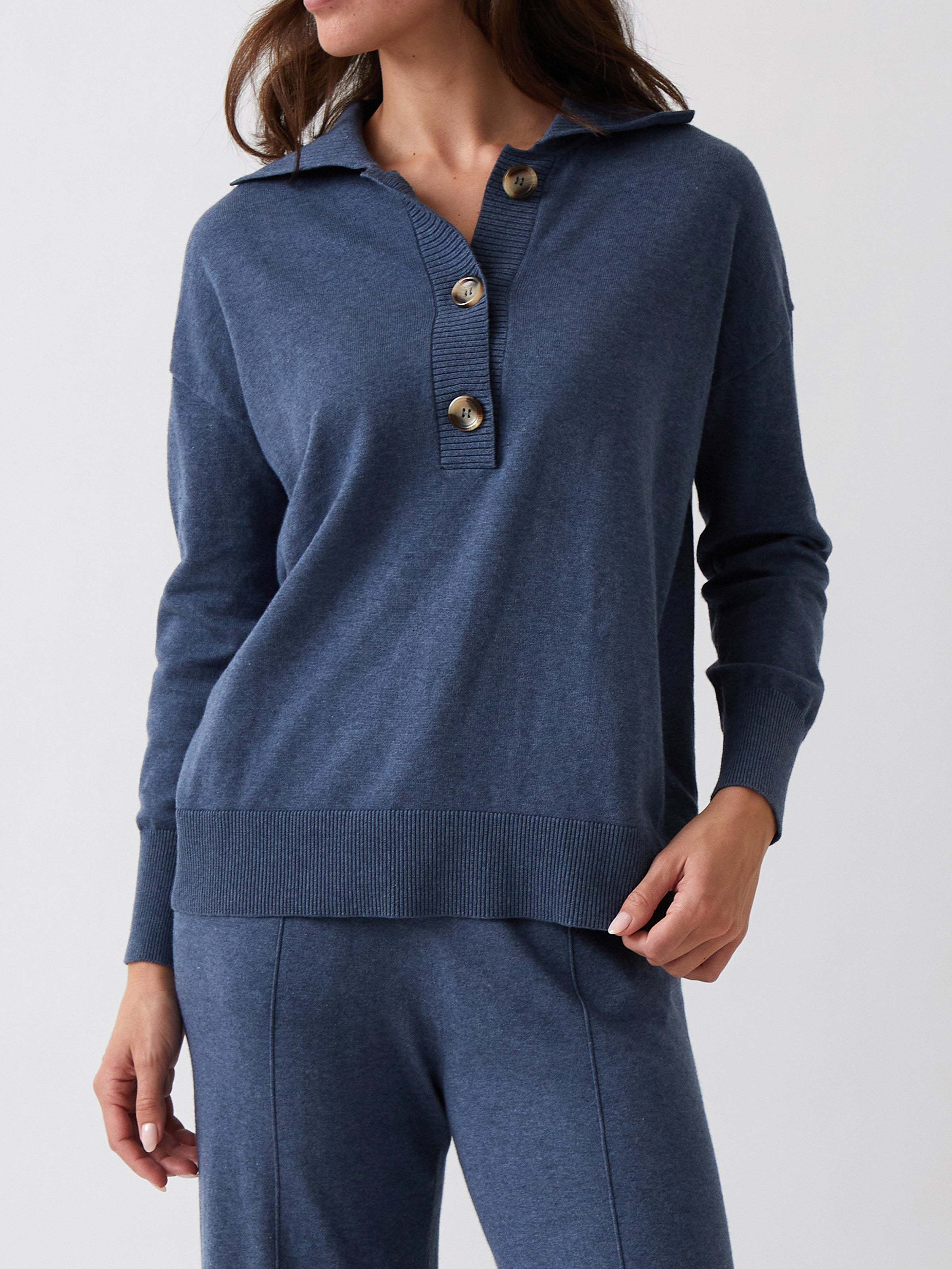 Cotton Cashmere Collared Jumper | Blue-1