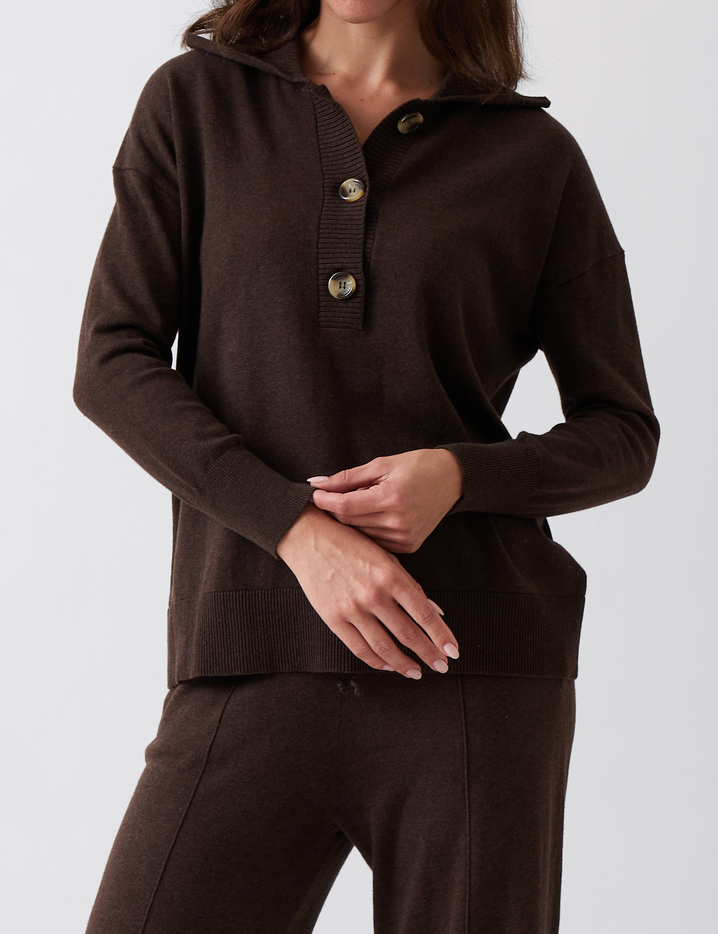 Cotton Cashmere Collared Jumper | Cocoa-1