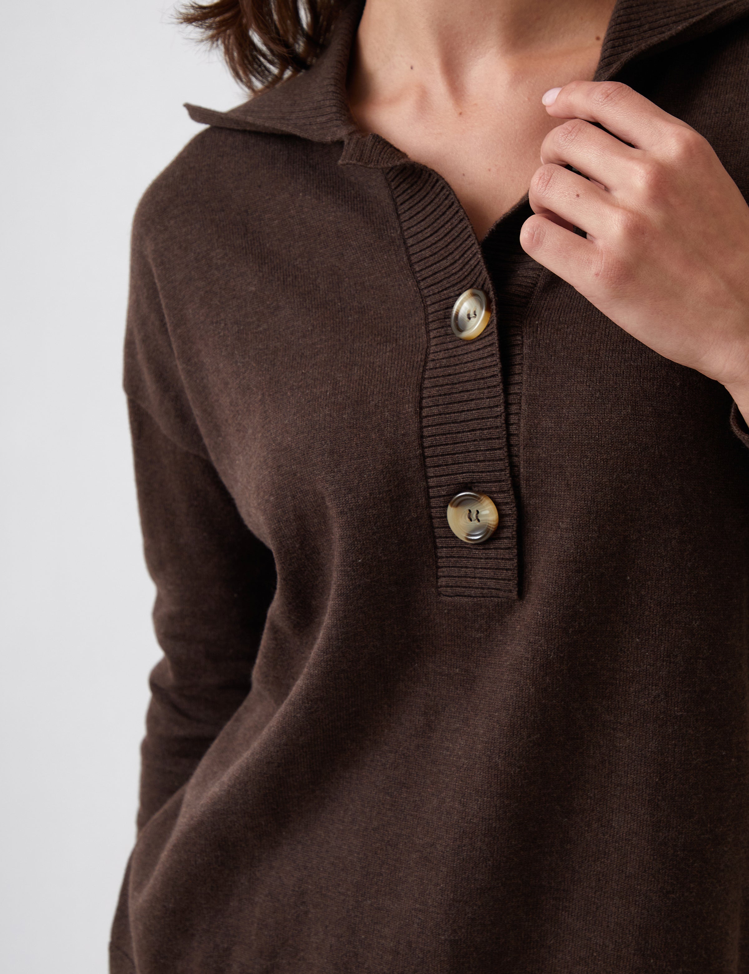 Cotton Cashmere Collared Jumper | Cocoa-2