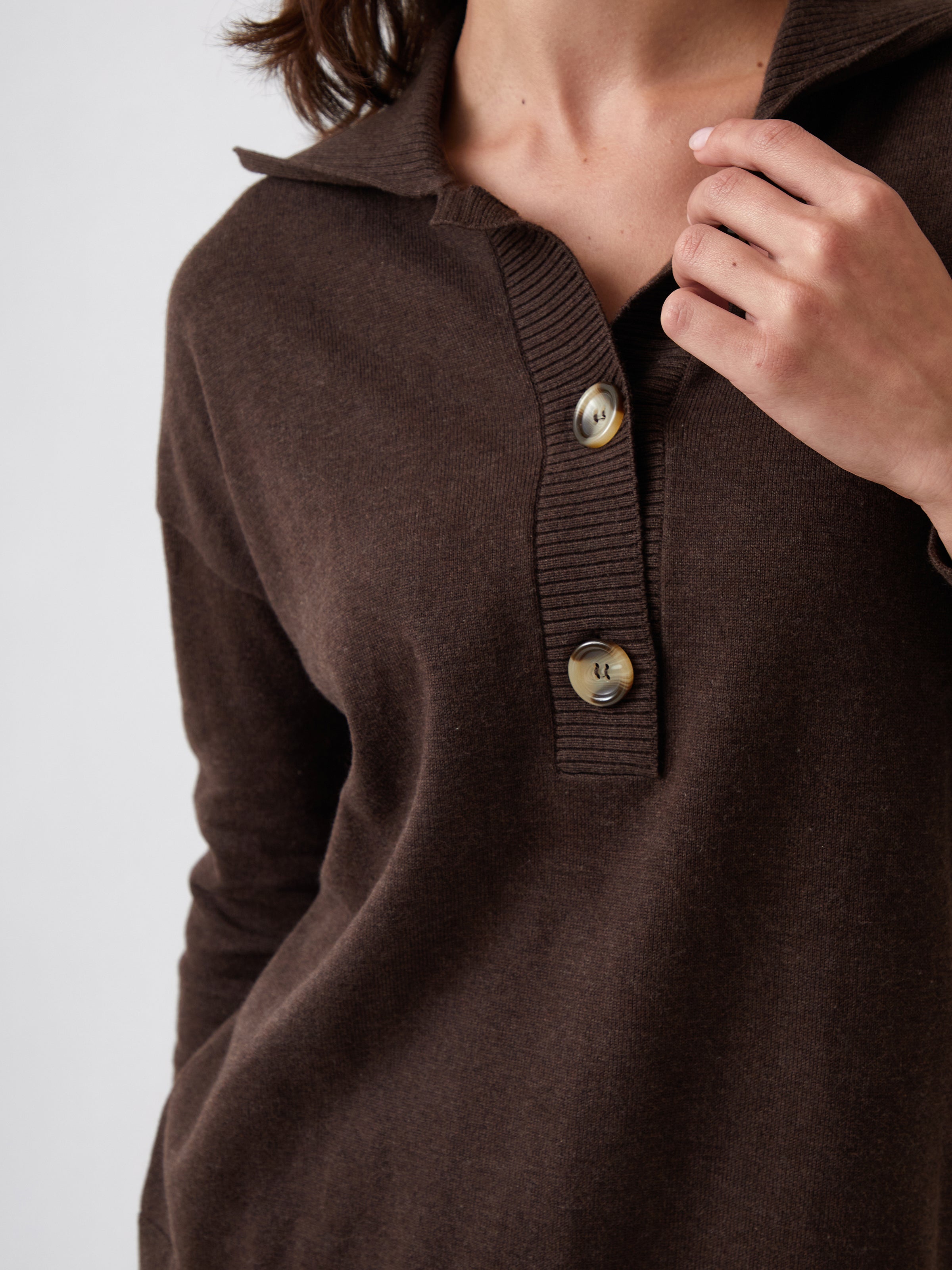 Cotton Cashmere Collared Jumper | Cocoa-2