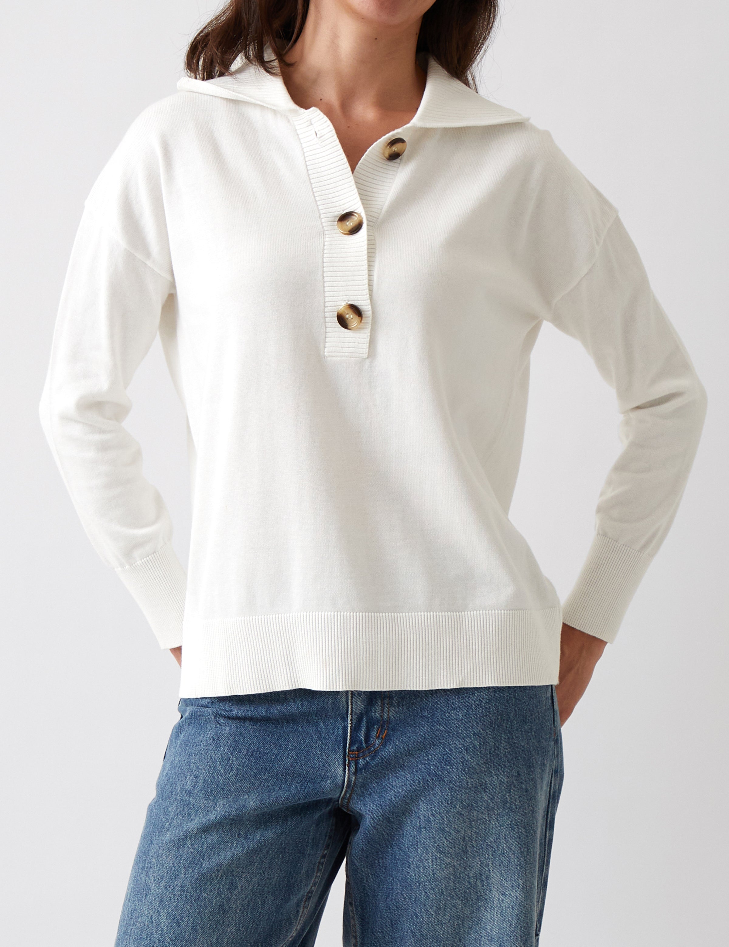 Cotton Cashmere Collared Jumper | Ivory-1