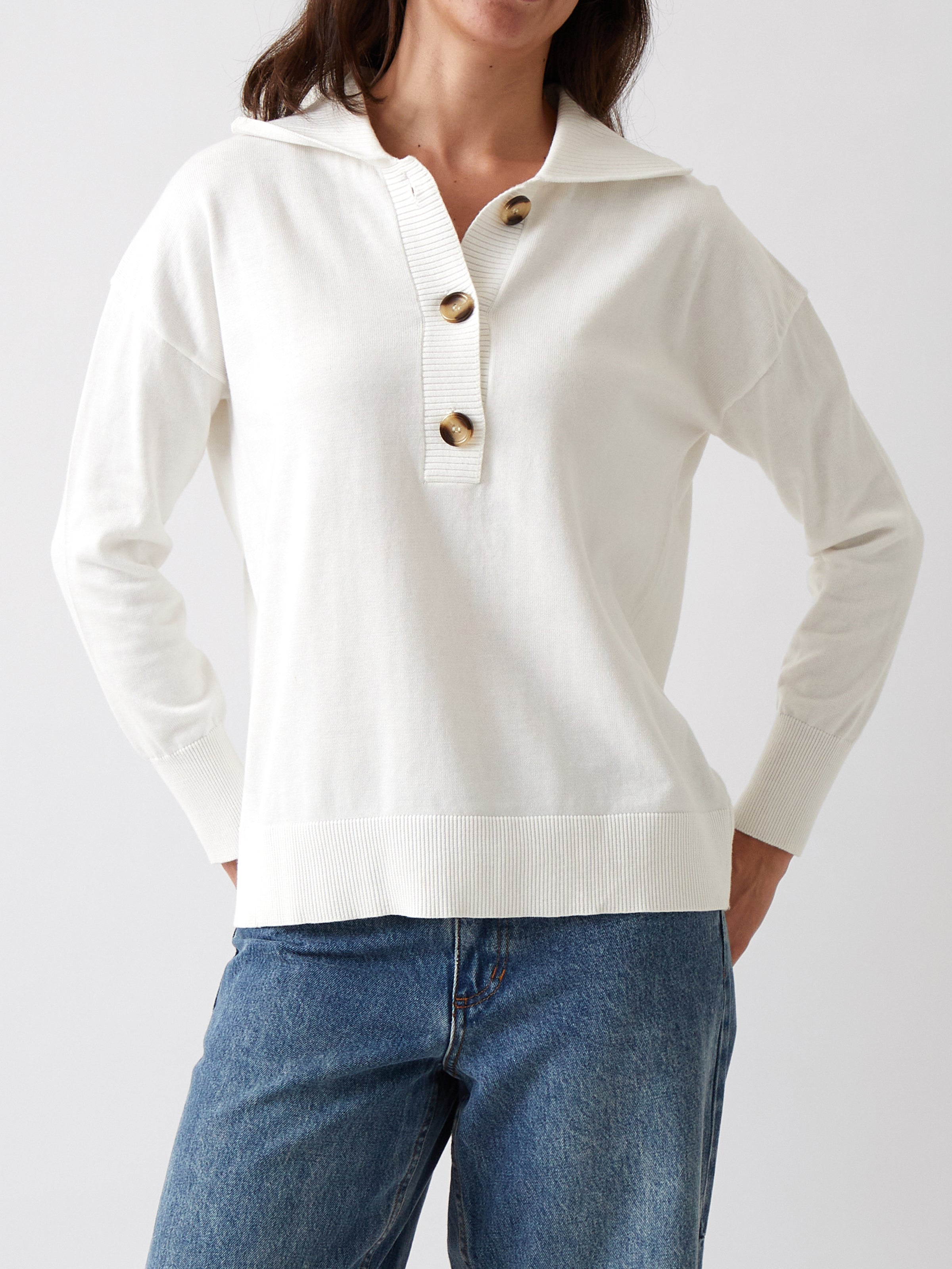 Cotton Cashmere Collared Jumper | Ivory-1