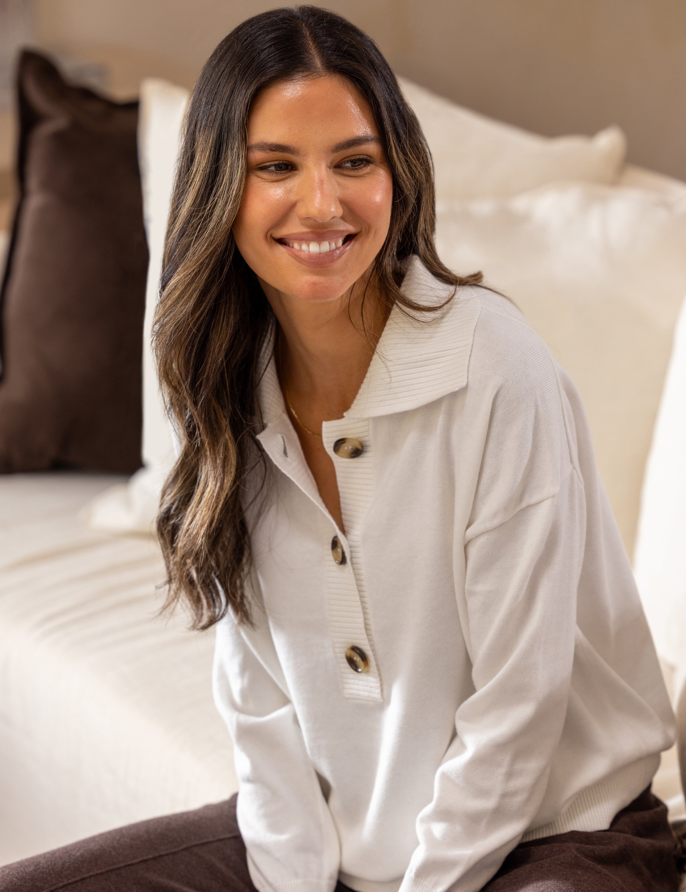 Cotton Cashmere Collared Jumper | Ivory-3