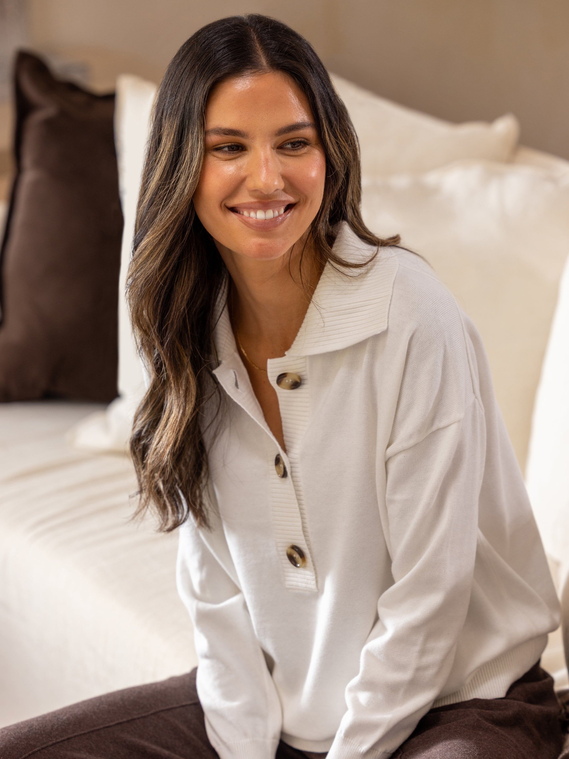 Cotton Cashmere Collared Jumper | Ivory-3