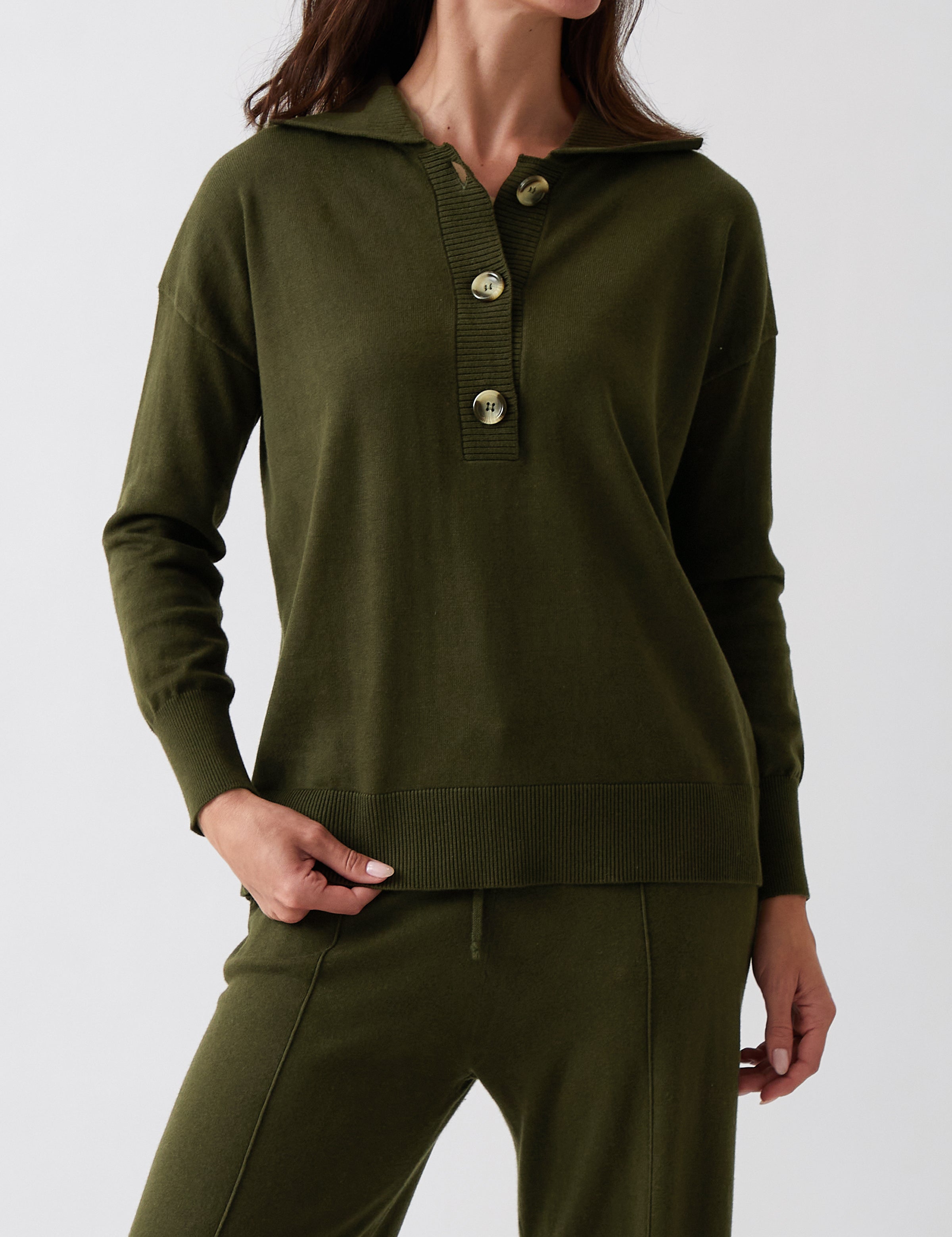 Cotton Cashmere Collared Jumper | Olive-1