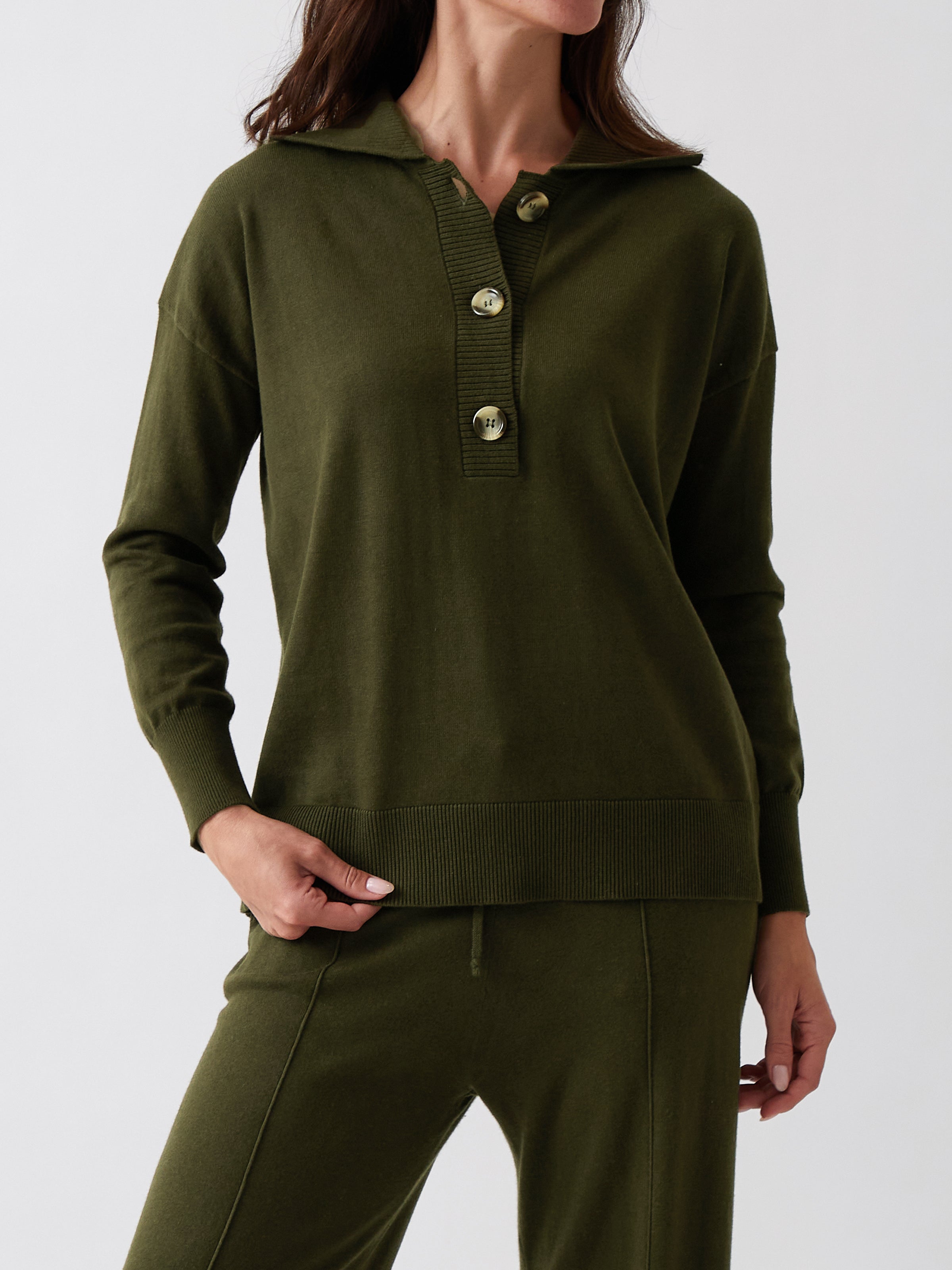 Cotton Cashmere Collared Jumper | Olive-1