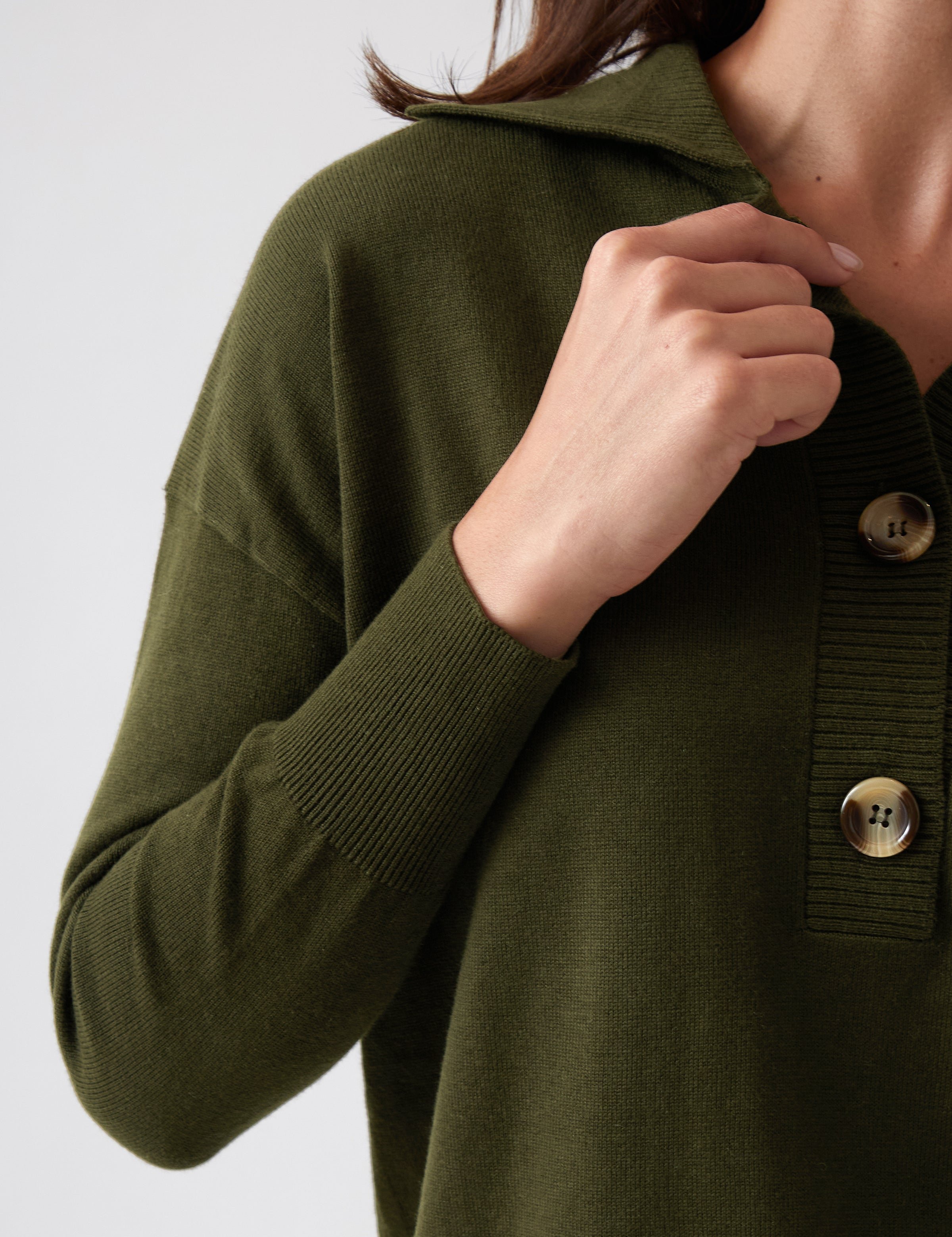 Cotton Cashmere Collared Jumper | Olive-2