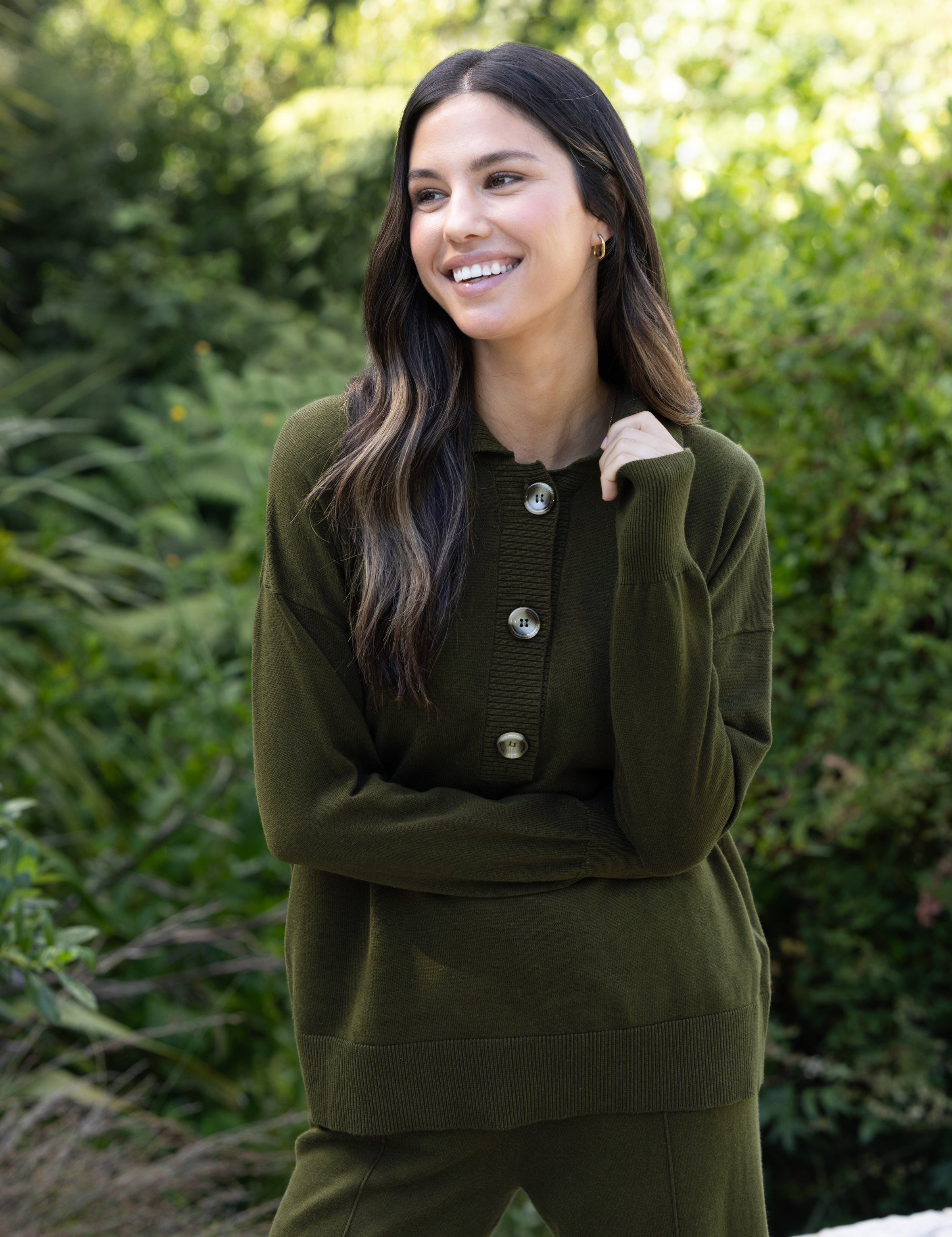 Cotton Cashmere Collared Jumper | Olive-3