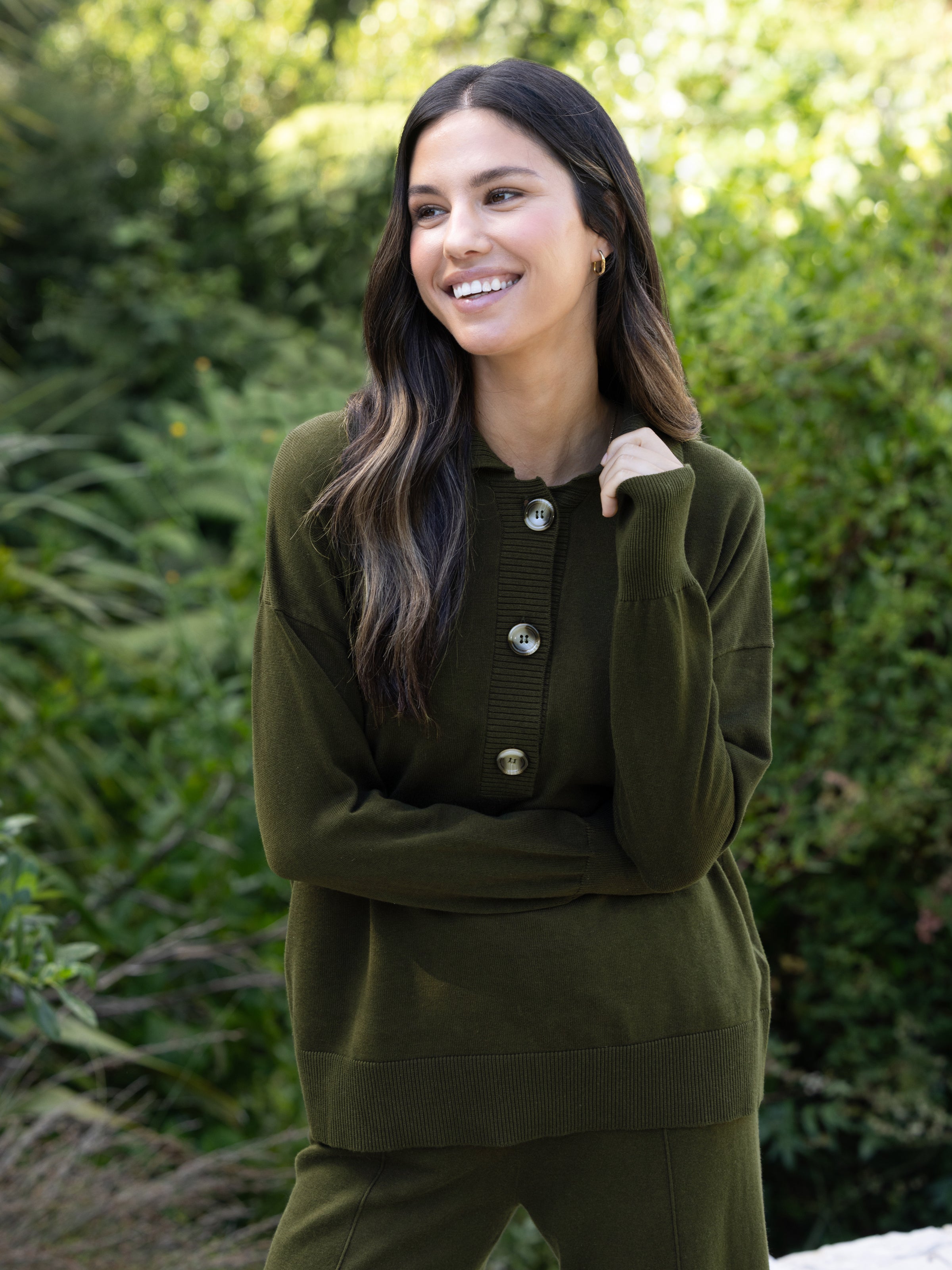 Cotton Cashmere Collared Jumper | Olive-3