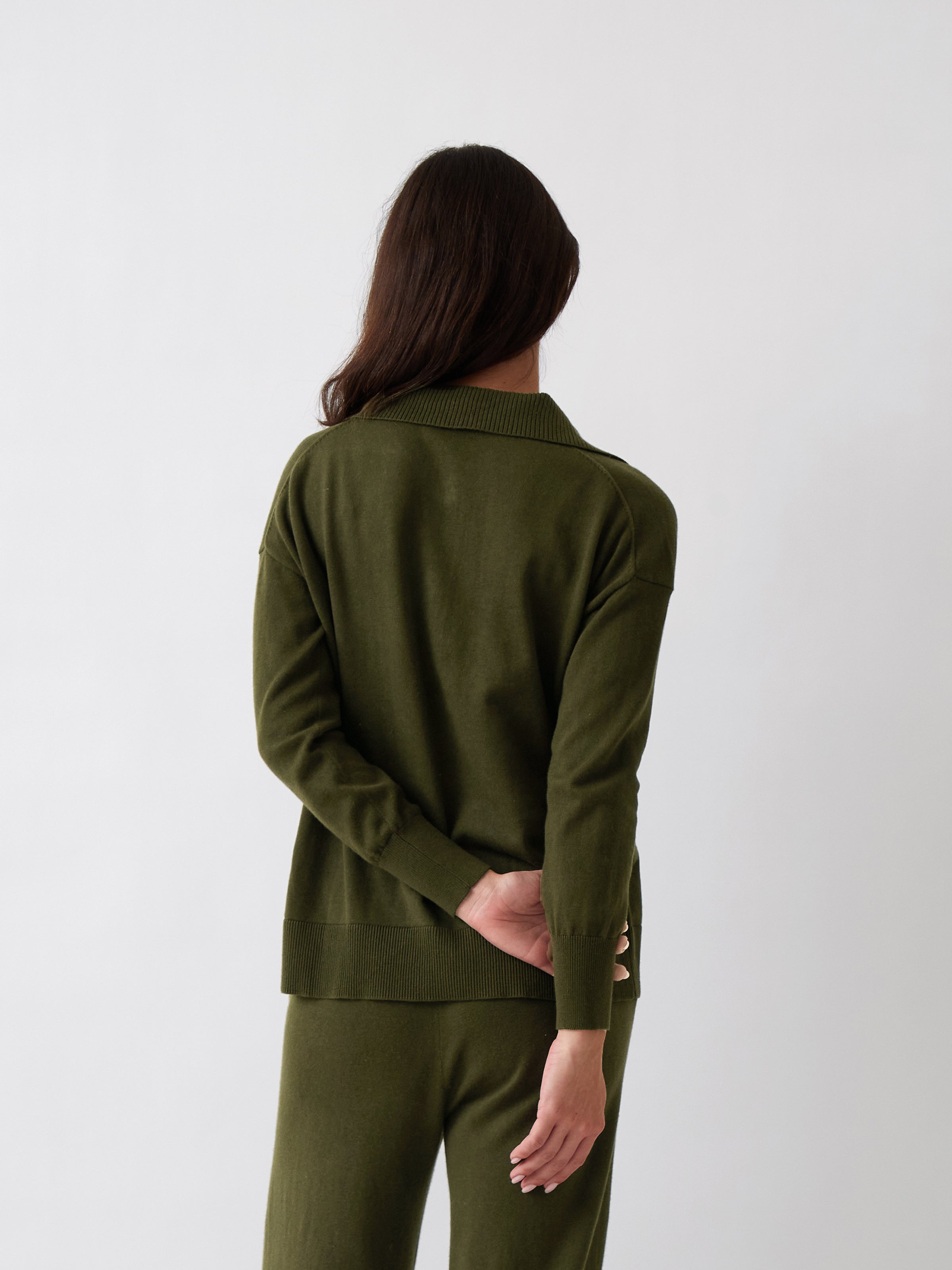 Cotton Cashmere Collared Jumper | Olive-4