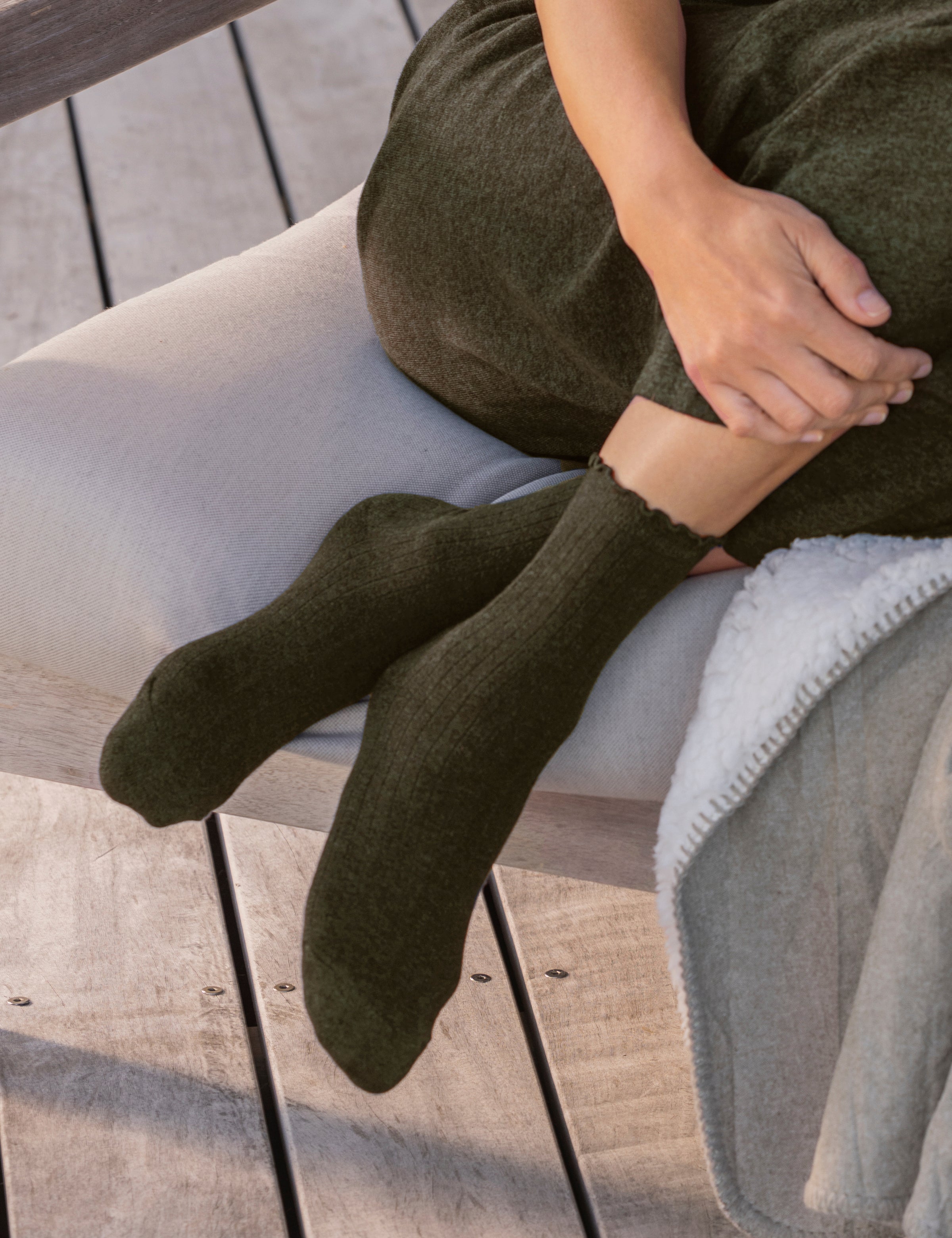 Cotton Cashmere Lounge Socks (1 Pair) | Olive-2