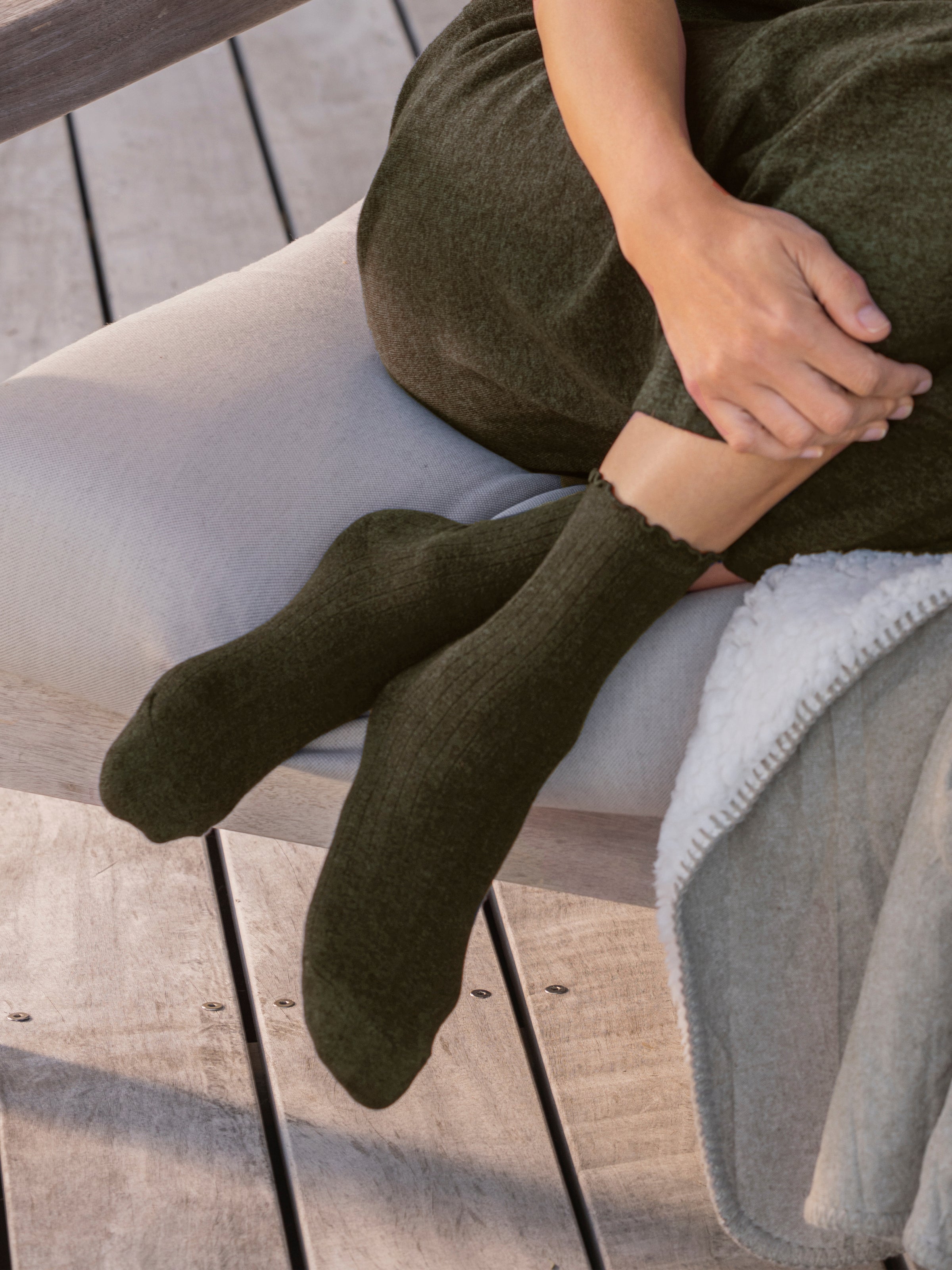 Cotton Cashmere Lounge Socks (1 Pair) | Olive-2